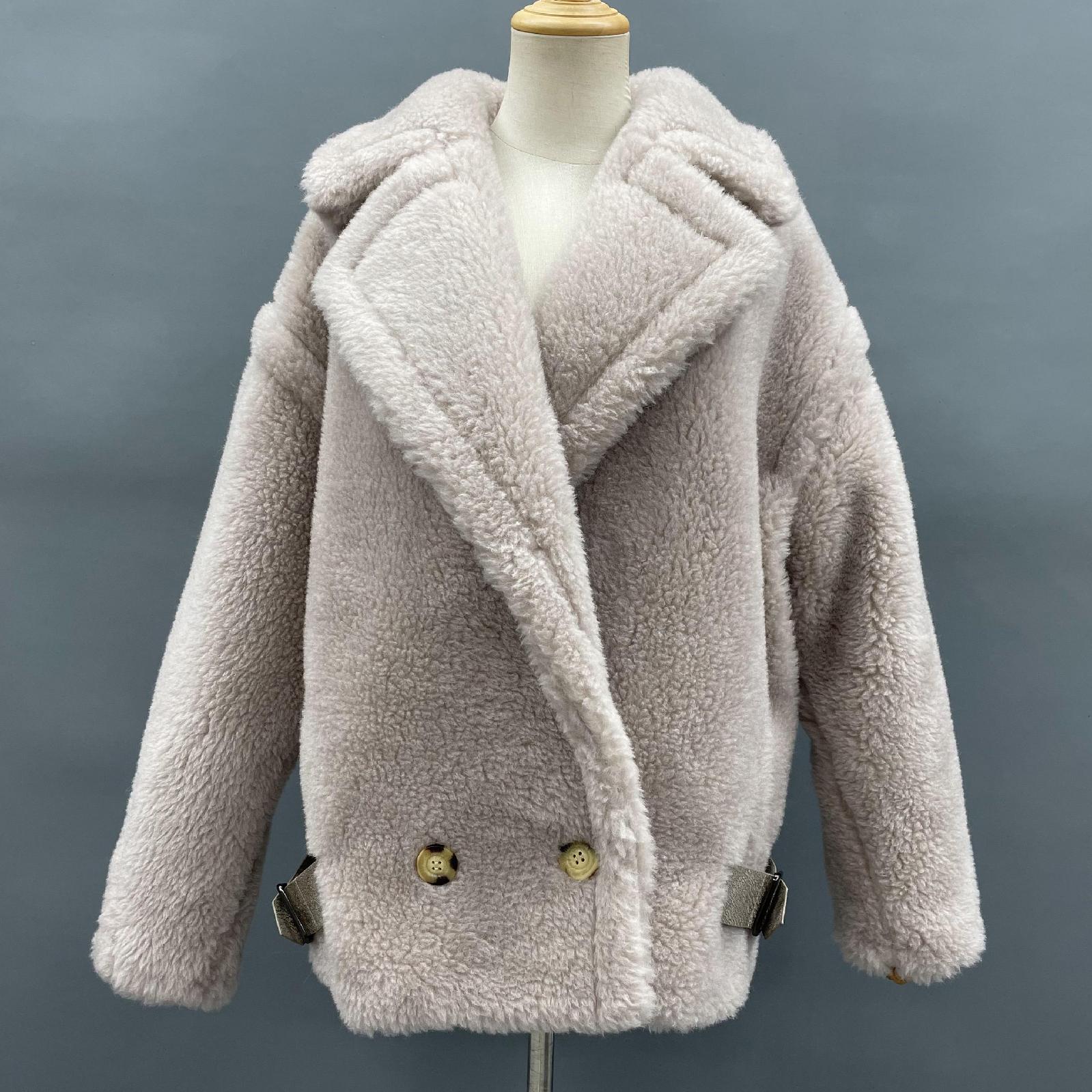Womens' Teddy Shearling Coat with Leather Button Hem and Double-breasted Lamb Wool Jacket Spring Fur Coat Beige F-chest 128cm