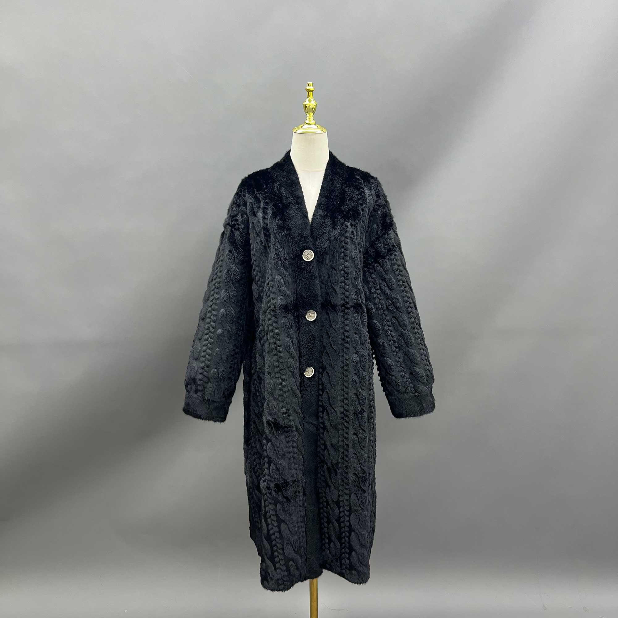 Women's Slim Elegant V-neck Long Faux Mink Jacket Black F-chest 116cm