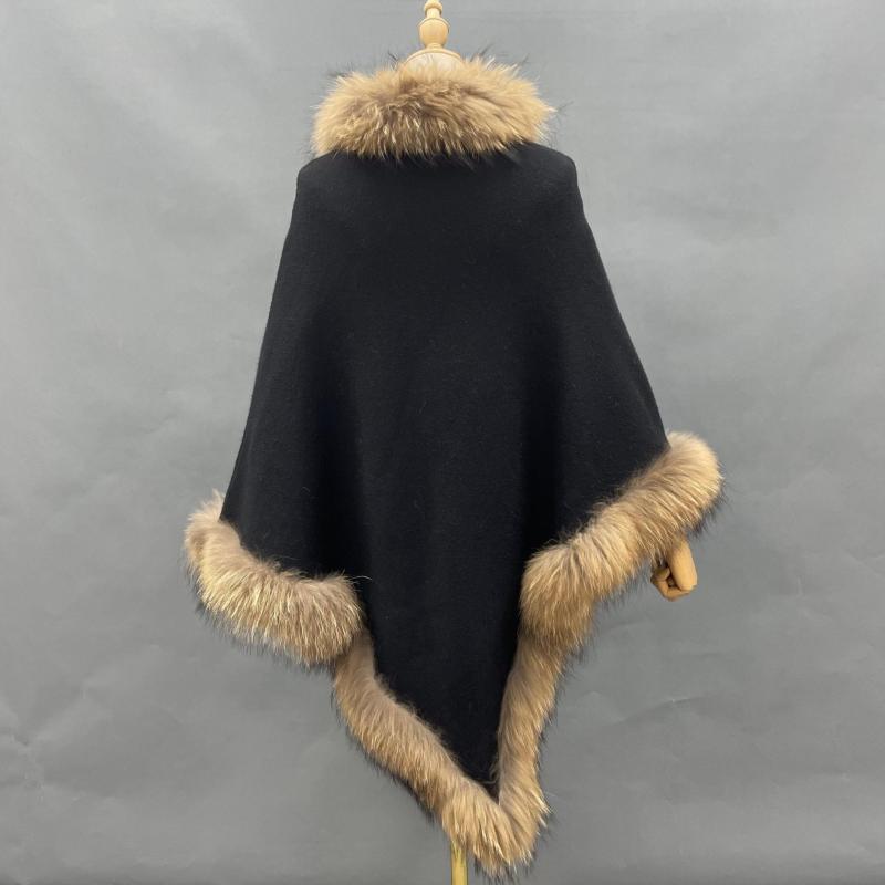 Collar and Hem Raccoon Fur Stripe Knitted Cape