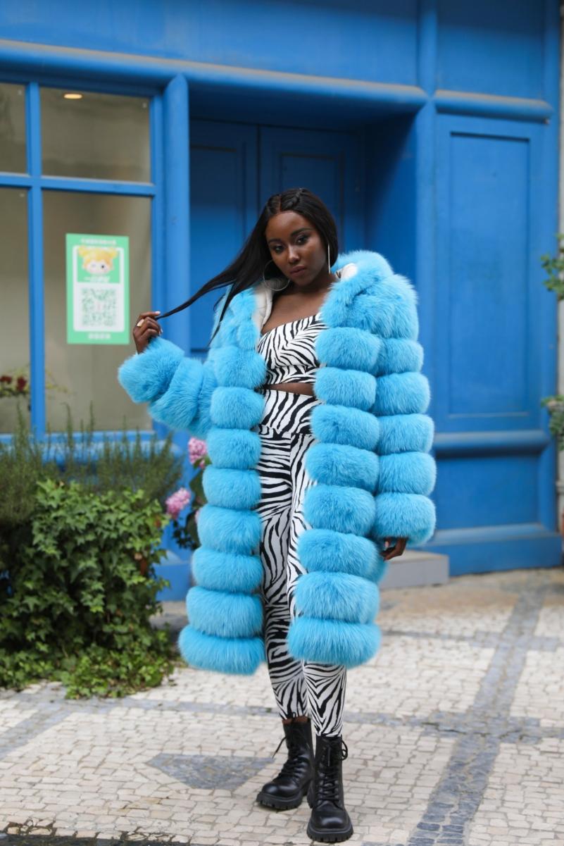 Long Blue Fox Hooded Fox Fur Coat
