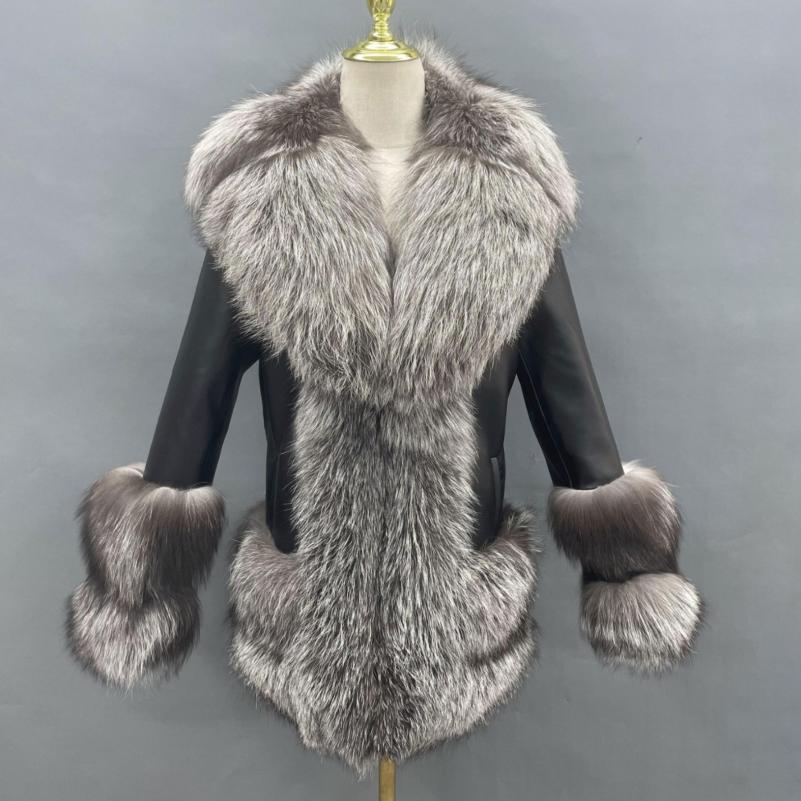Luxury Fluffy Real Fox Fur Coat Women's Winter Fashion Coat Grey
