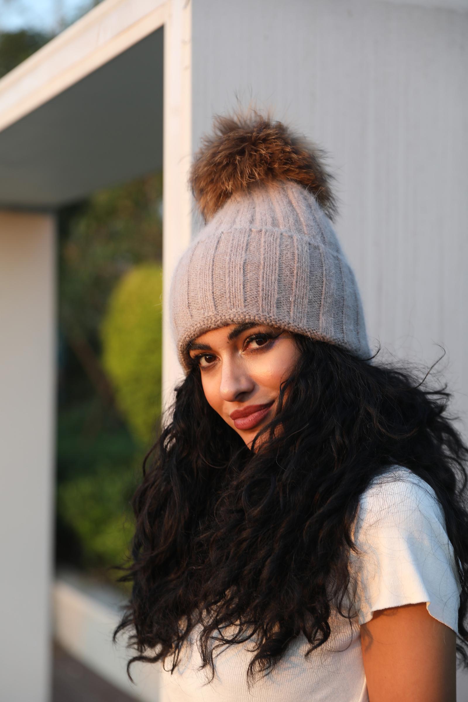 Thick Striped Angora Wool Pom Pom Winter Hat