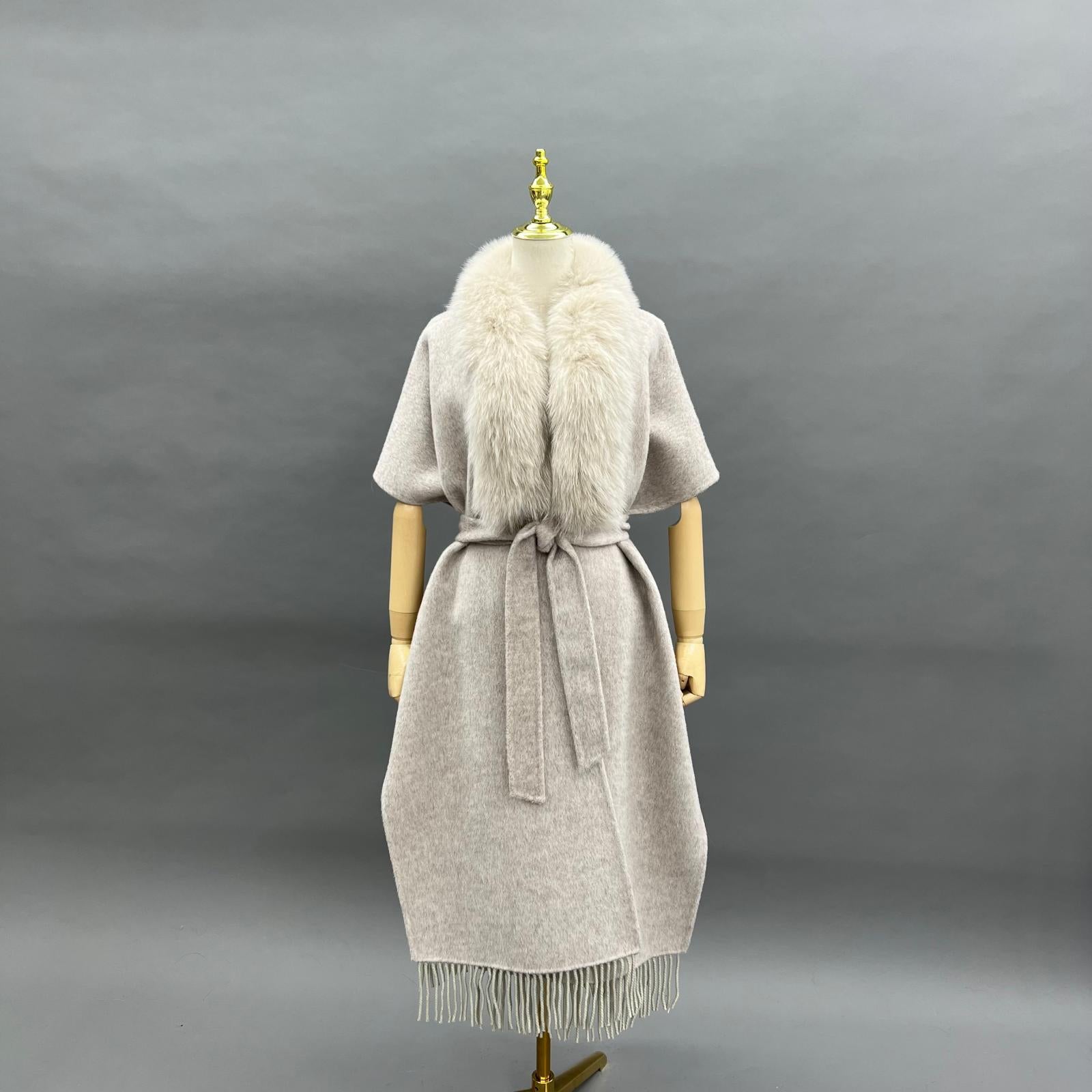 Double-Faced Cashmere Cape Coat for Women with Chic Fringe Double-Faced Wool Shawl Coat