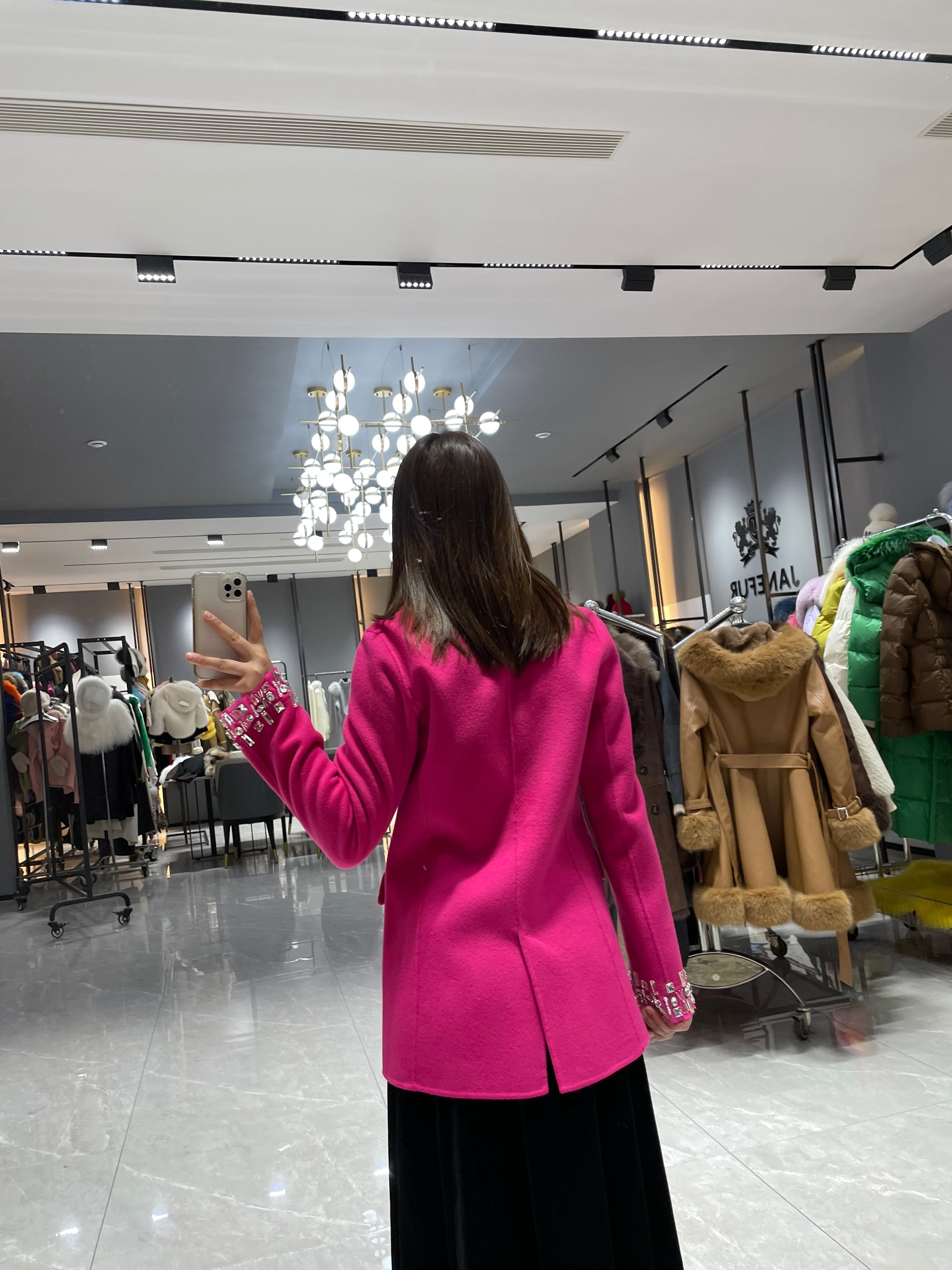Tailored Double-Faced Wool Blazer with Rhinestone Cuff Embellishments – Hot Pink Statement Coat for Women