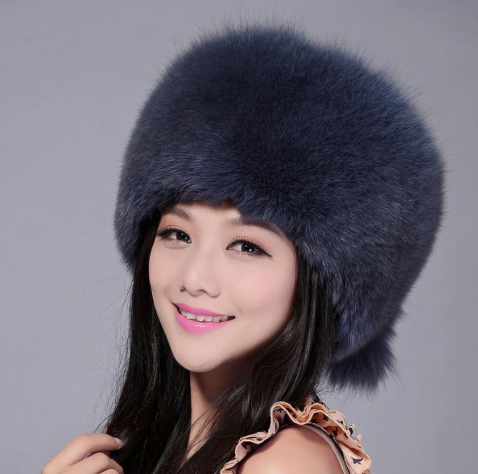 Janefur Russian-style Tail Hat with Fox Fur Grey Blue F