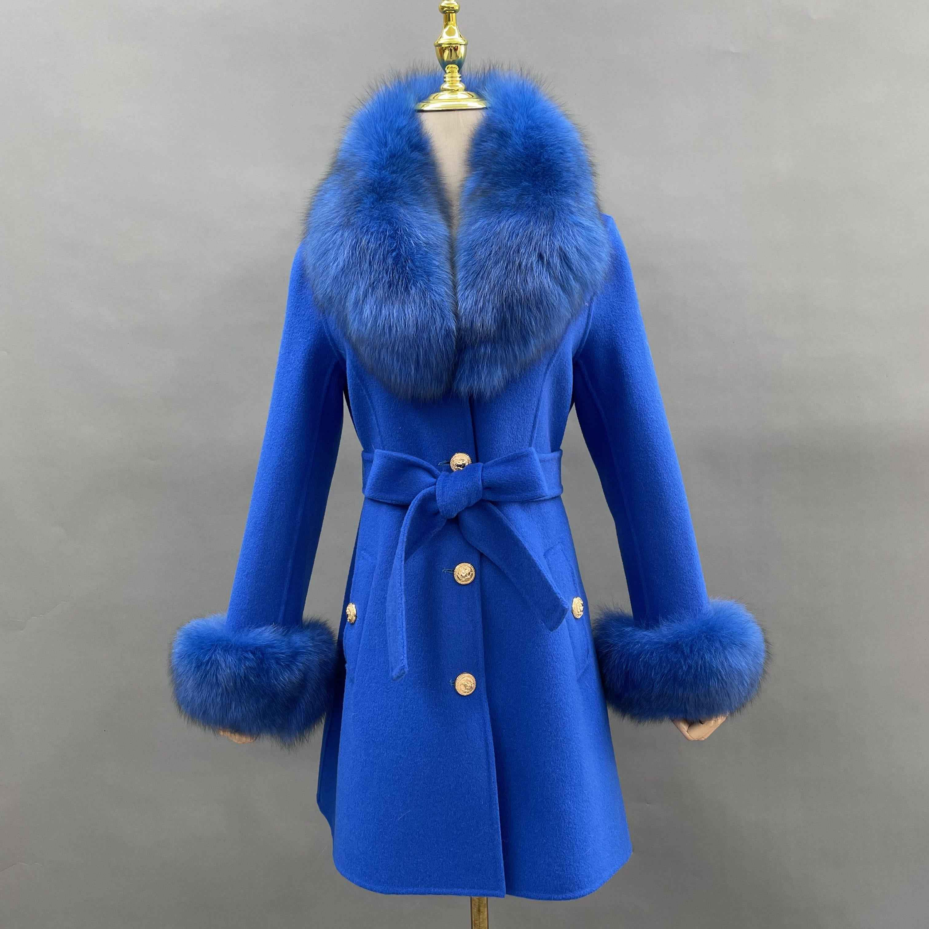Women's Red Wool Belted Coat with Fox Fur Collar and Cuffs Trim, Elegant Long Winter Jacket for Casual Outfits Blue