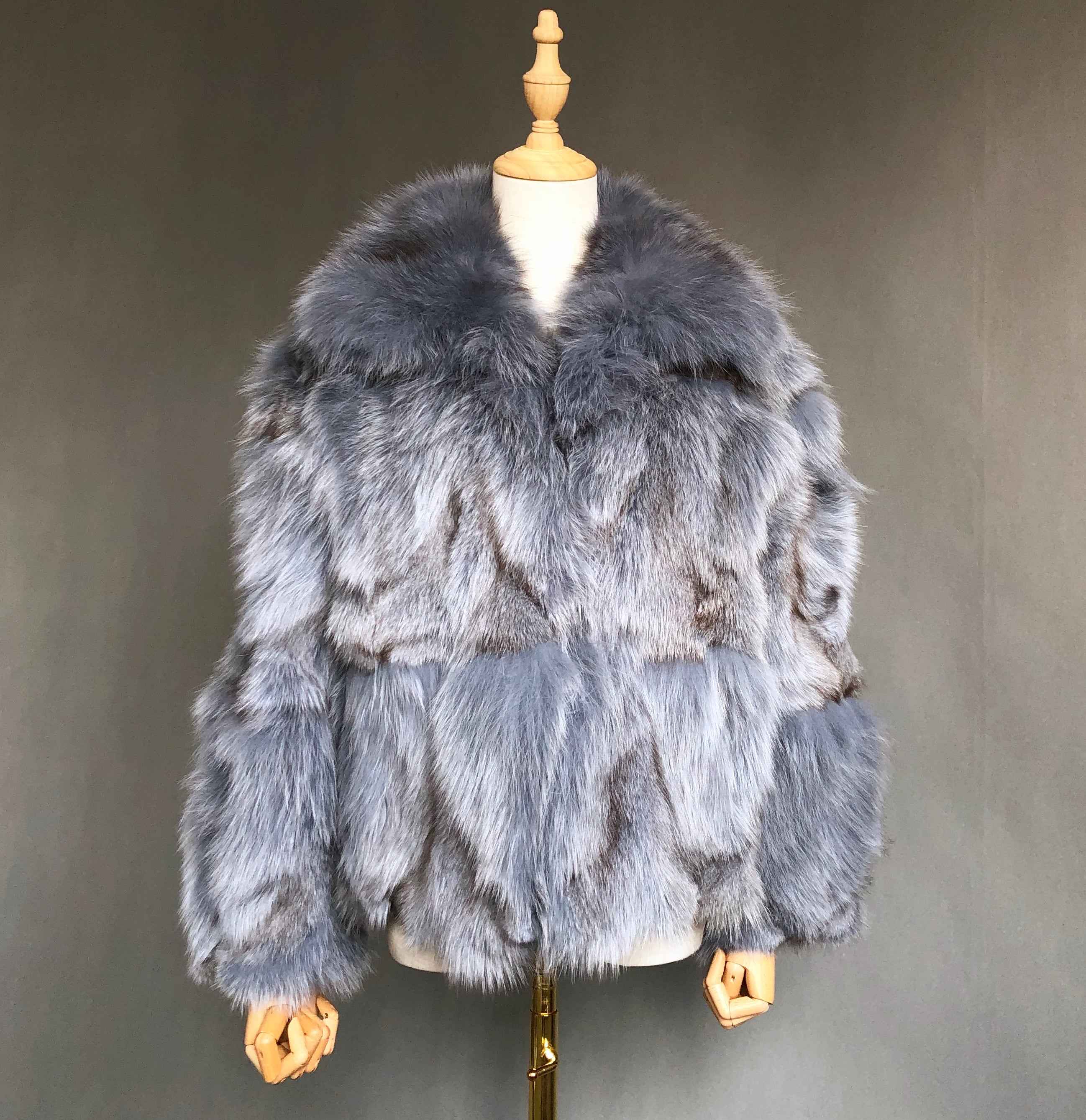 Genuine Fox Plum Leg Fur Long Coat - Winter Warm JANEFUR Blue Gray
