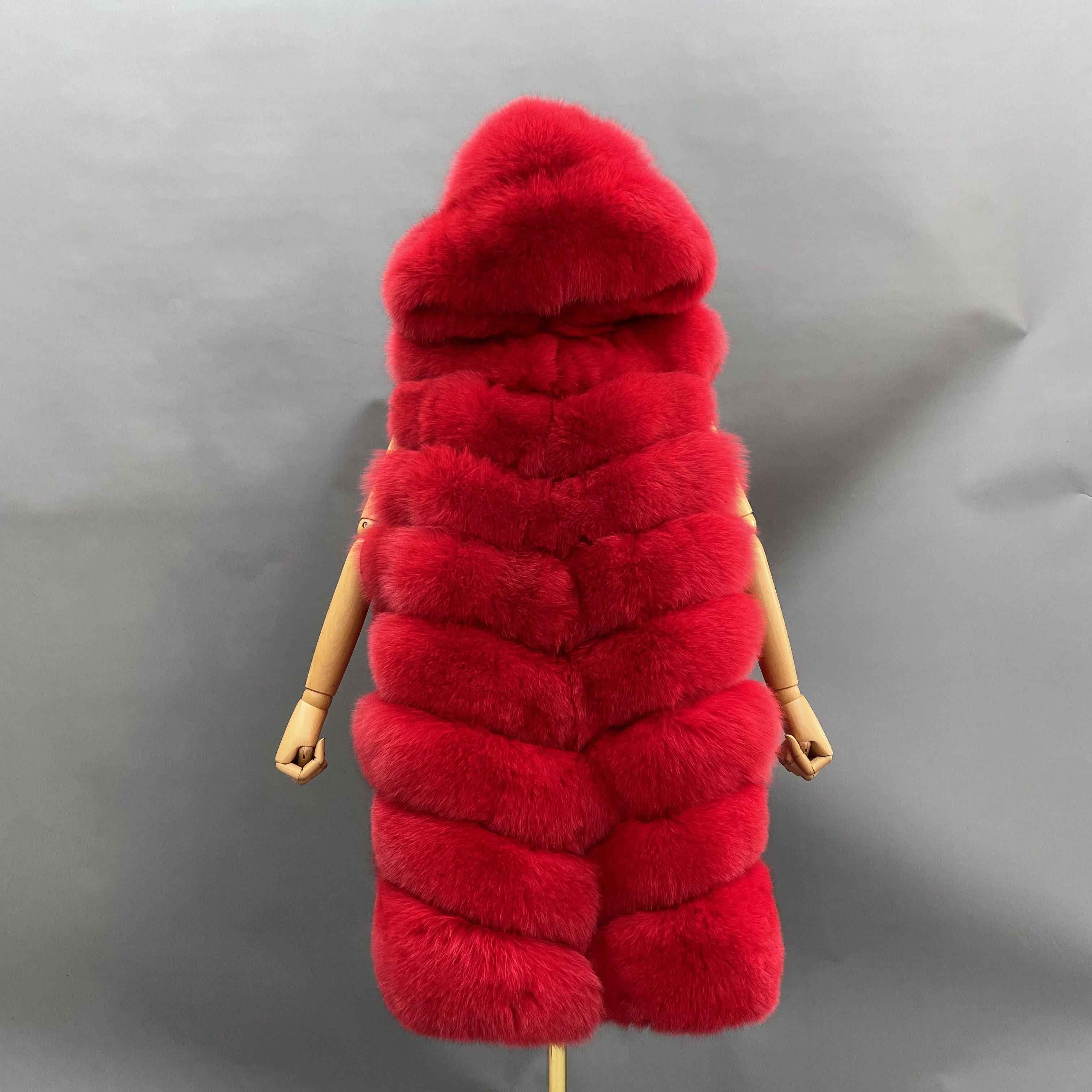 Women's 8-Panel Hooded Fox Fur Long Vest - Luxurious Outerwear Red