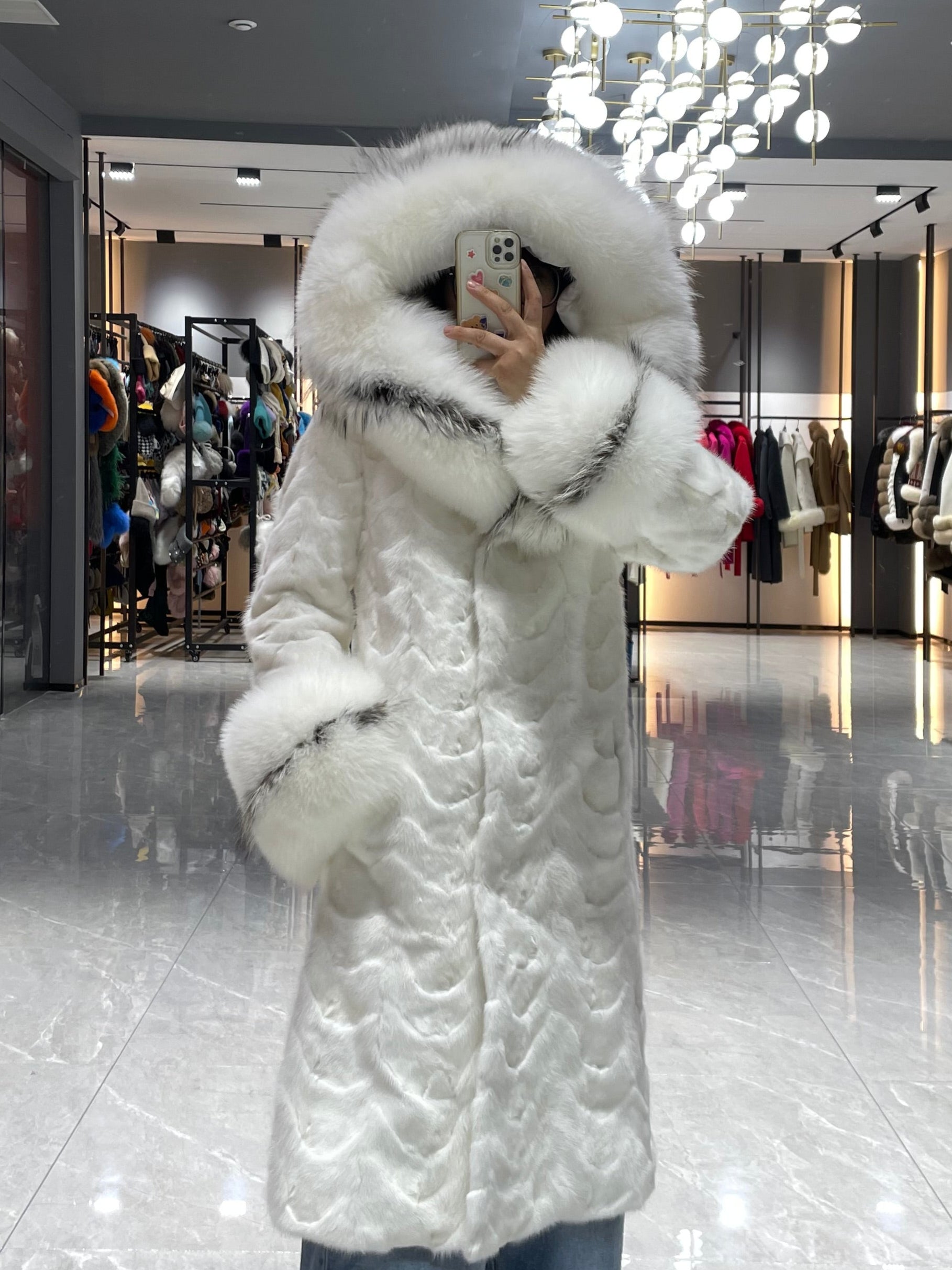Luxury Long Mink Fur Coat with Fox Fur Hood & Cuffs – Women's Winter Warm Hooded Overcoat White