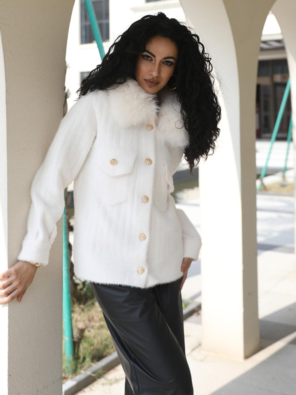 Knitted Hooded Pullover Sweatshirt Women's Trendy Sweater White F-chest 102cm