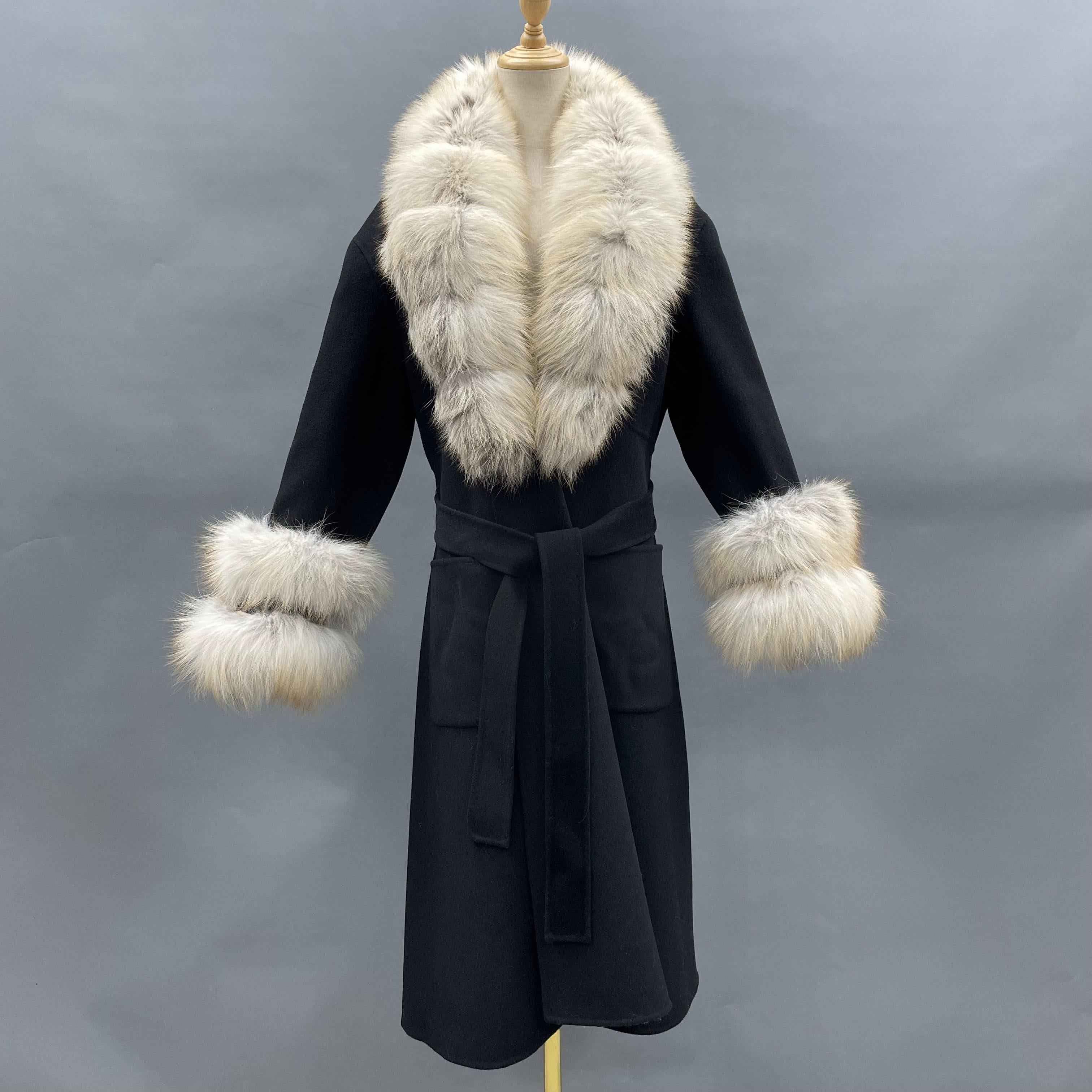 Women's Luxury Double - Faced Wool Coat with Segmented Fox Fur Collar, Two - Section Cuffs, Flared Skirt & Belt Black White