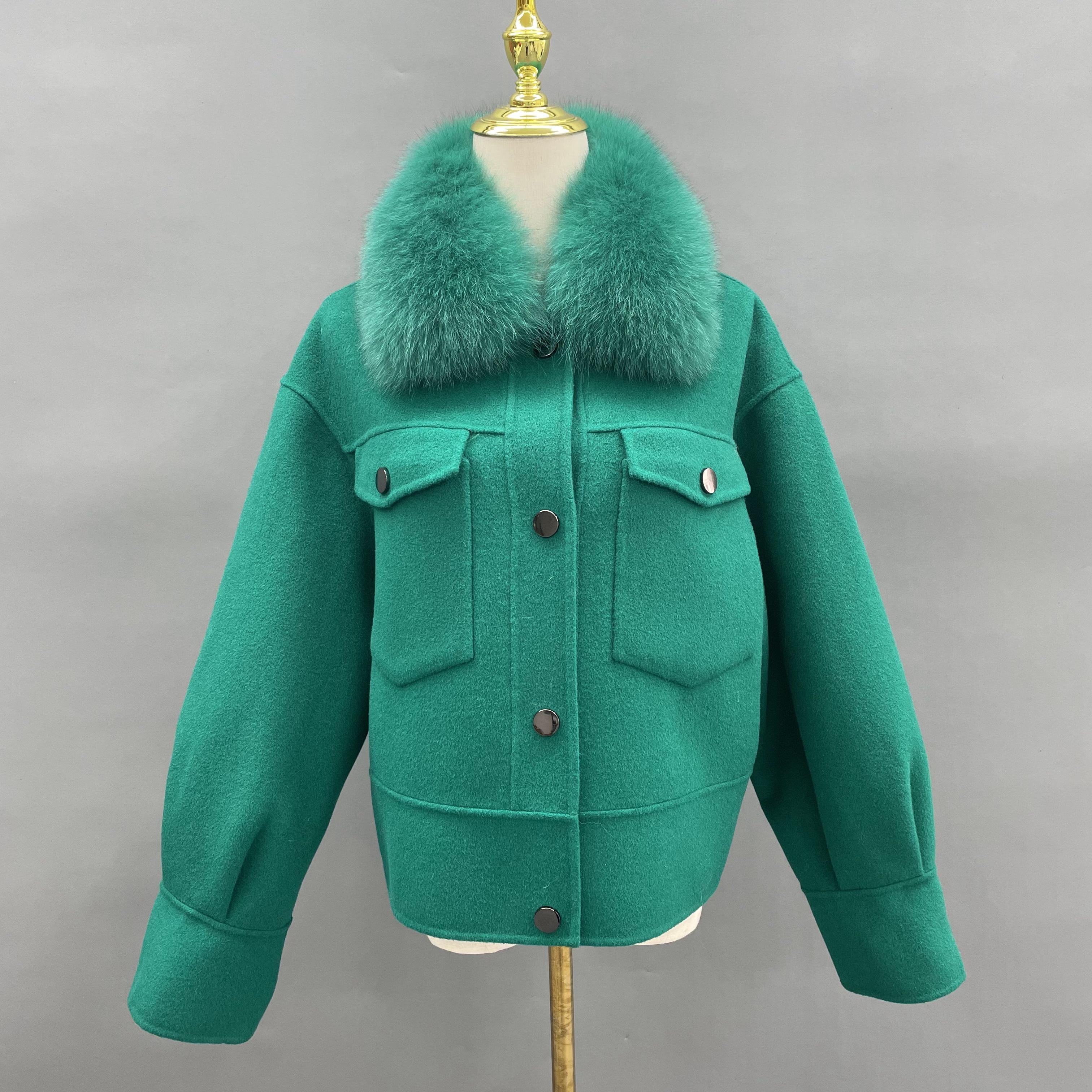 Women's Short Fox Fur Lapel Buckle Fly Casual Cashmere Jacket Green