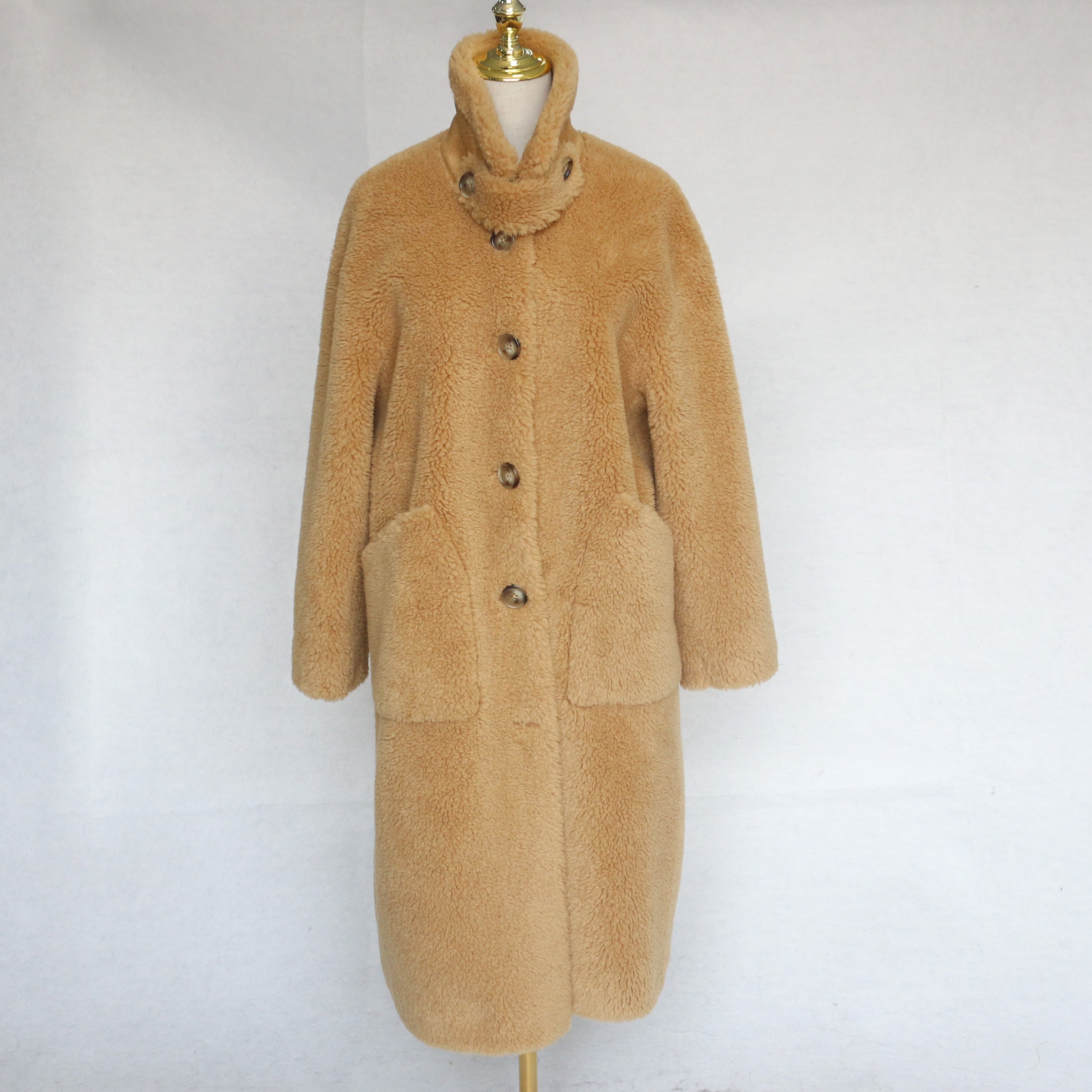 Women's Red Long Sheepskin Shearling Coat with Stand Collar & Button Front - Warm Winter Outerwear