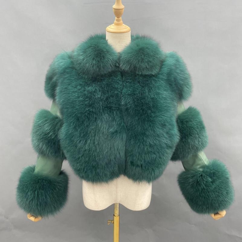 Women's Lapel Luxury Fox Jacket Full Fur Solid Color Short Style Green Click chat with us
