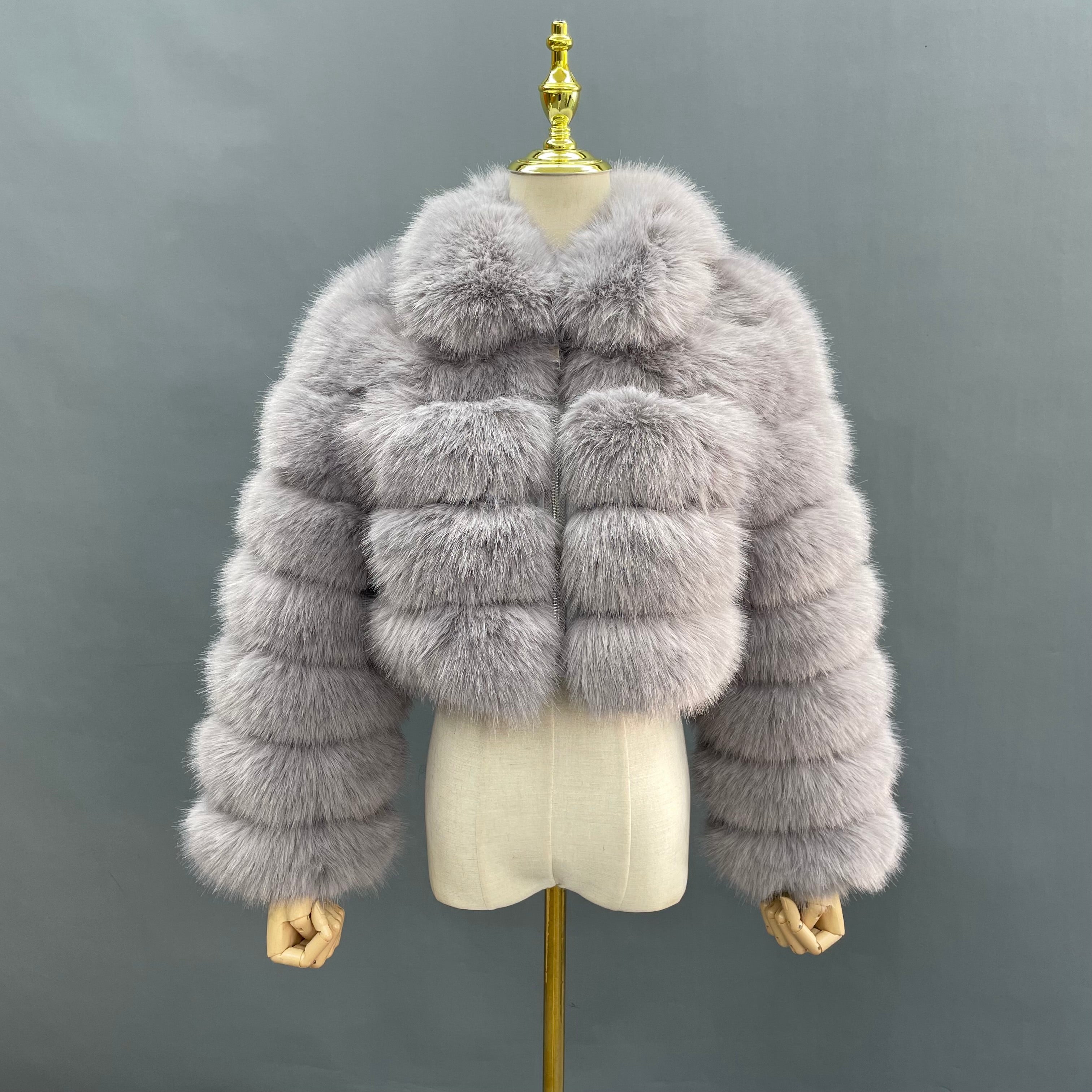 Eco-friendly Fur Women's Short Zipper Fake Fur Jacket Trendy Coat Grey