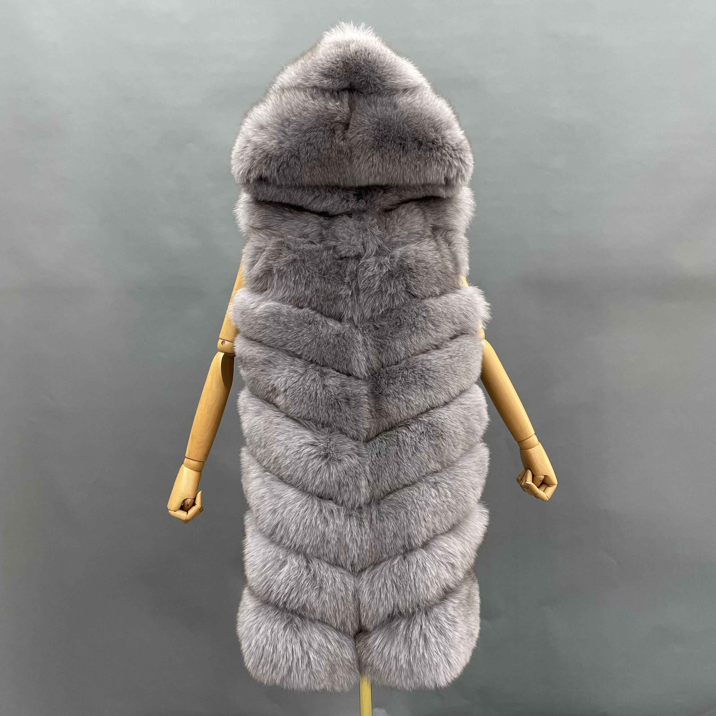Women's 8-Panel Hooded Fox Fur Long Vest - Luxurious Outerwear Grey