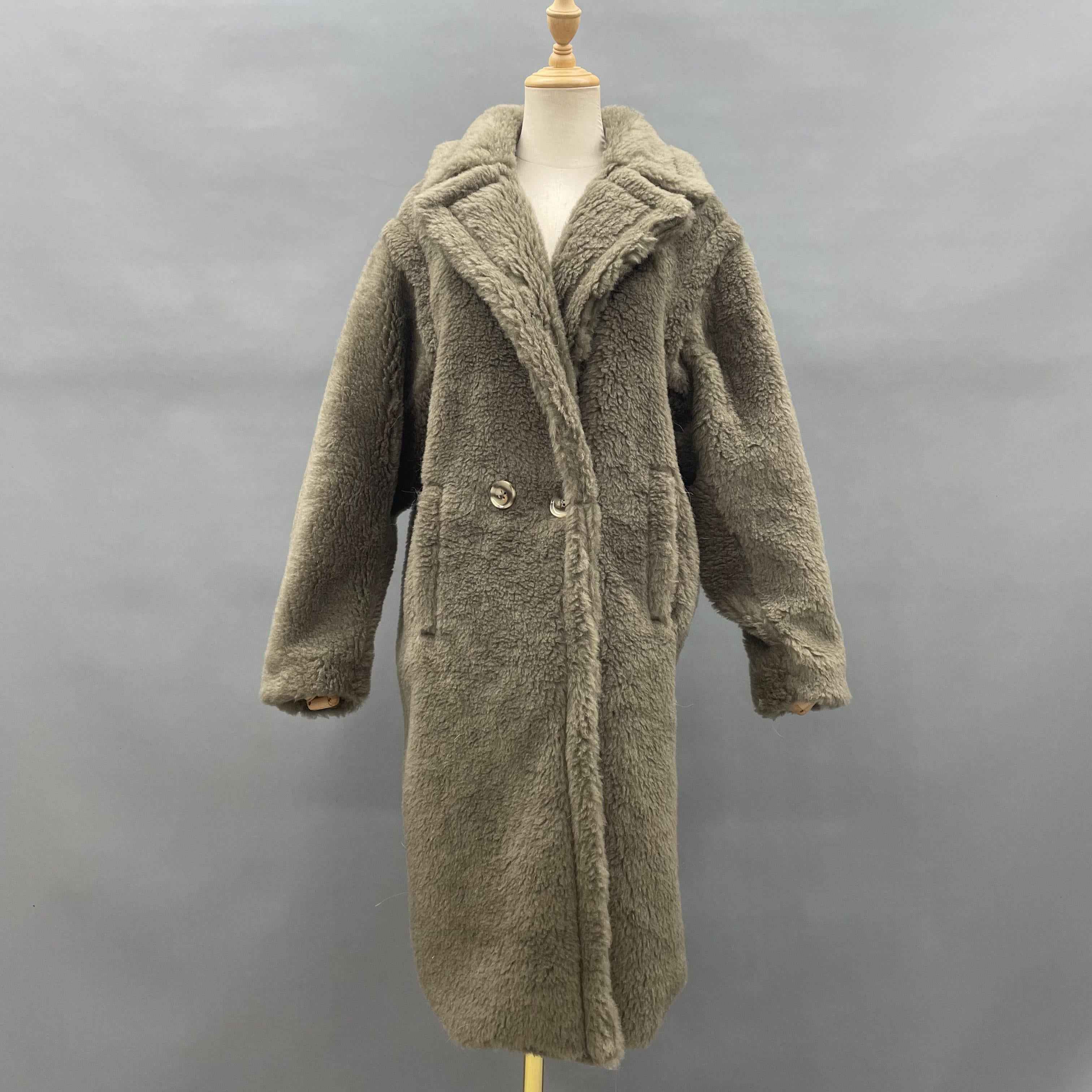 Women's Teddy Fleece Long Coat with Double-Breasted Notched Lapel - Luxe Winter Outerwear