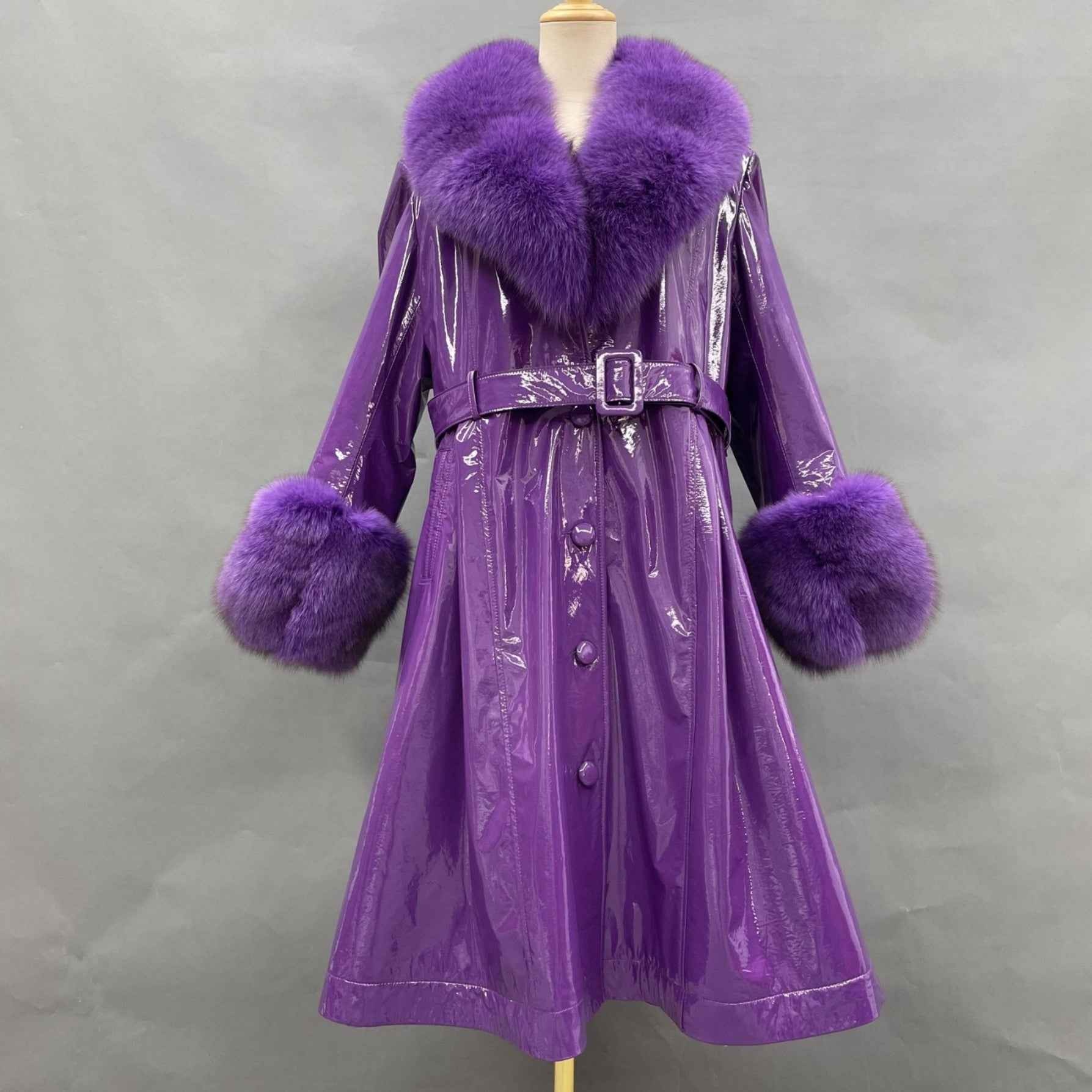 Women's Winter Large Flip Lapel Collar Fur Terry Long Shiny Leather Jacket