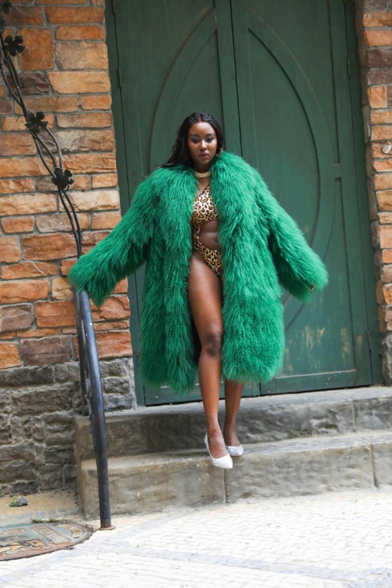Janefur Women's long Mongolian lamb fur fashion coat Green