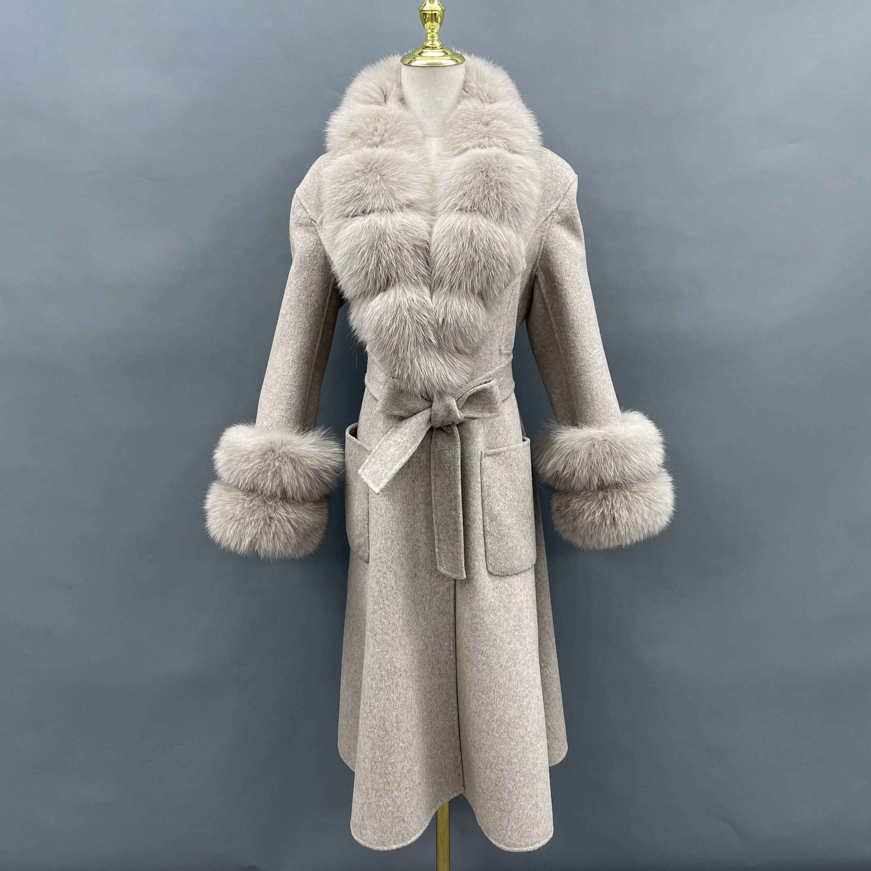 Women's Luxury Double - Faced Wool Coat with Segmented Fox Fur Collar, Two - Section Cuffs, Flared Skirt & Belt Grey