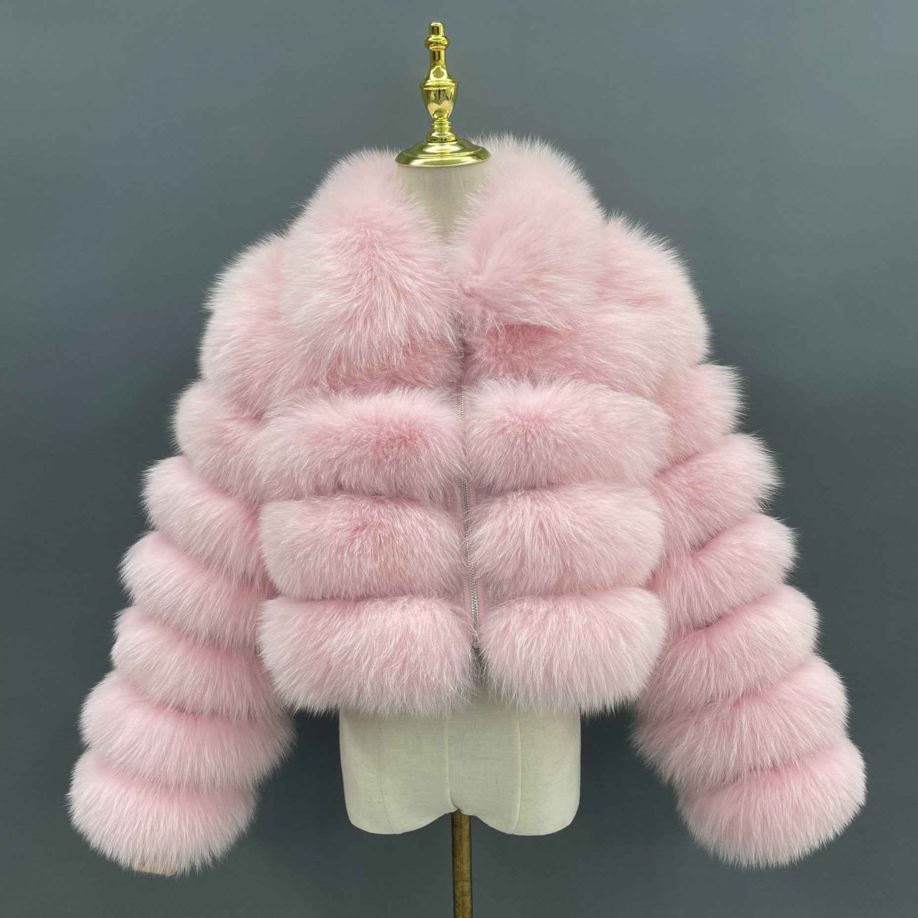 Women's Five Sections Zipper Fox Fur Coat Winter Coat Light pink S-chest 92cm