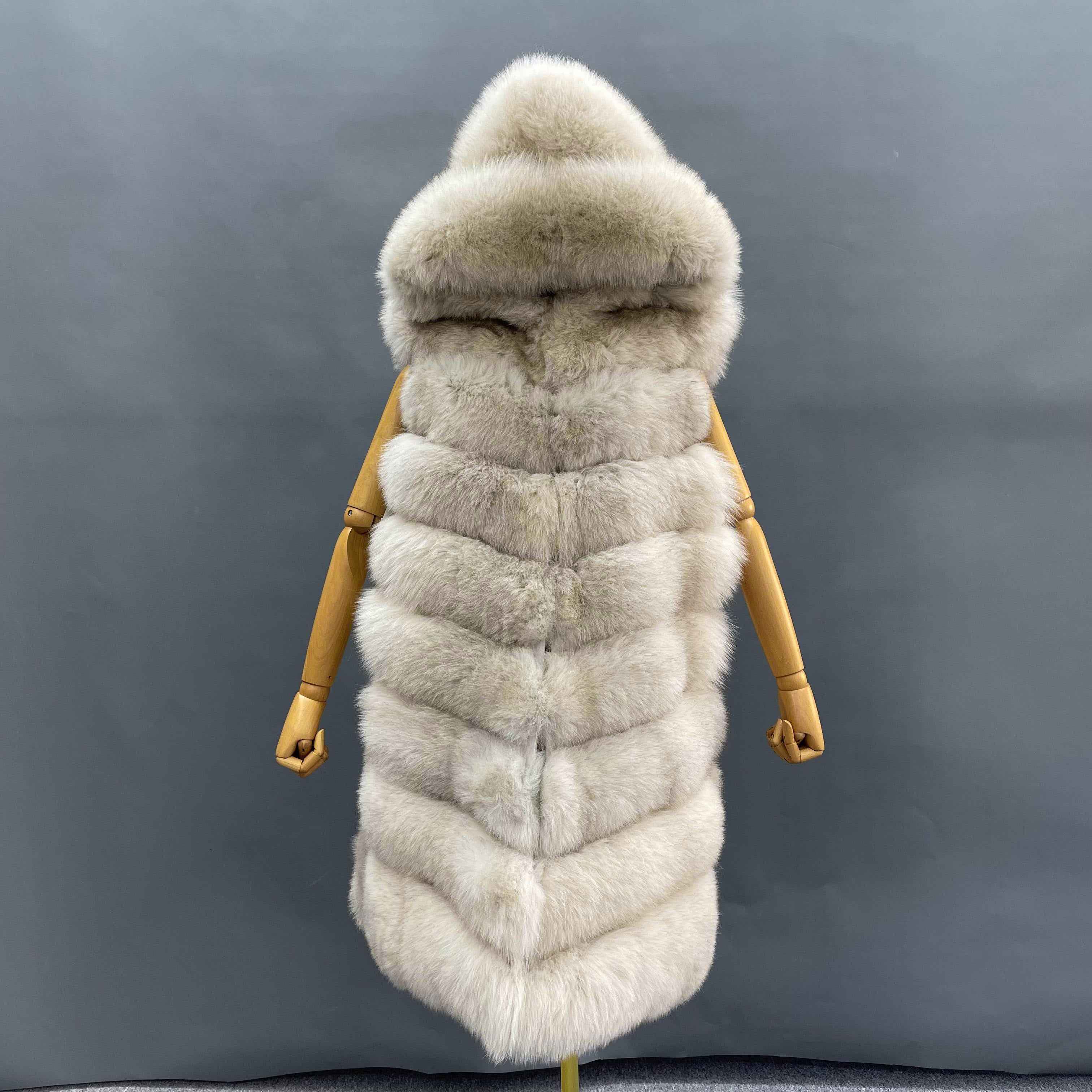 Women's 8-Panel Hooded Fox Fur Long Vest - Luxurious Outerwear Beige
