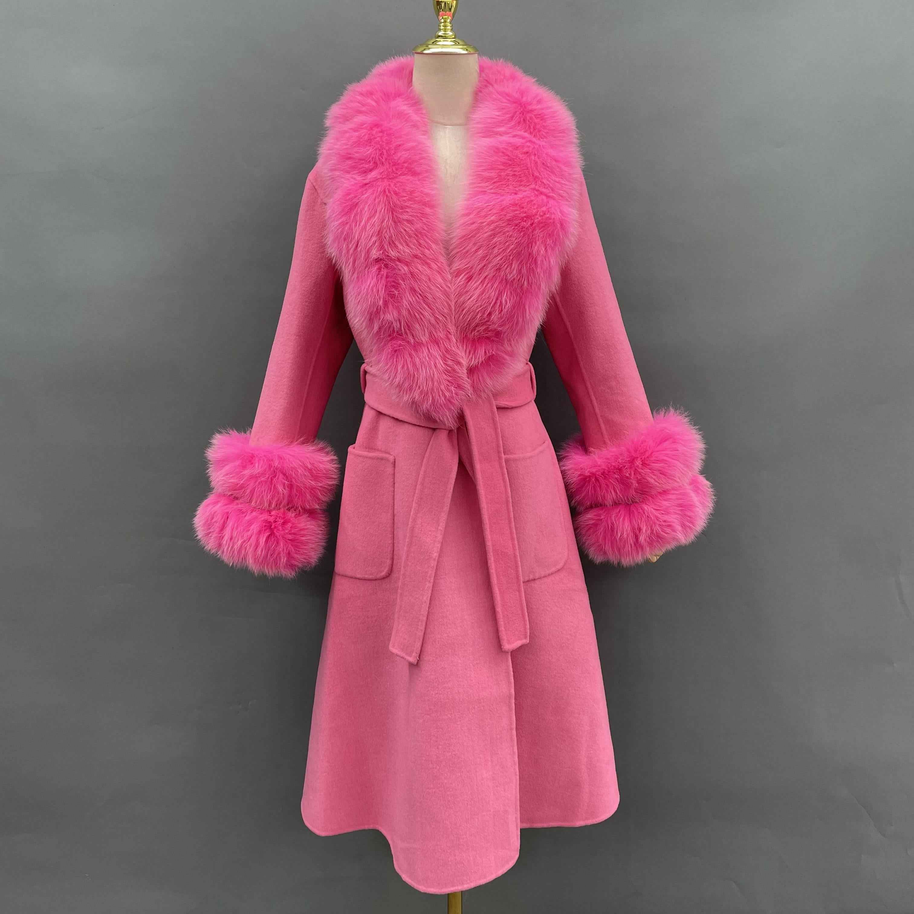 Women's Luxury Double - Faced Wool Coat with Segmented Fox Fur Collar, Two - Section Cuffs, Flared Skirt & Belt Pink