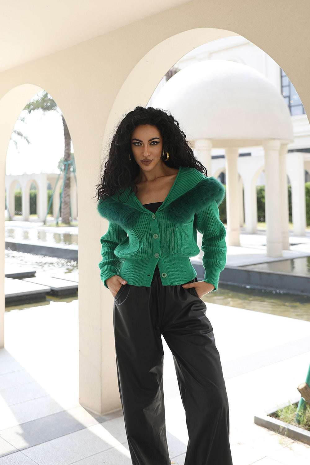 Janefur Cropped Knit Button Jacket with Faux Fur Collar Womens Knit Cardigan Sweaters Green F-chest 104cm
