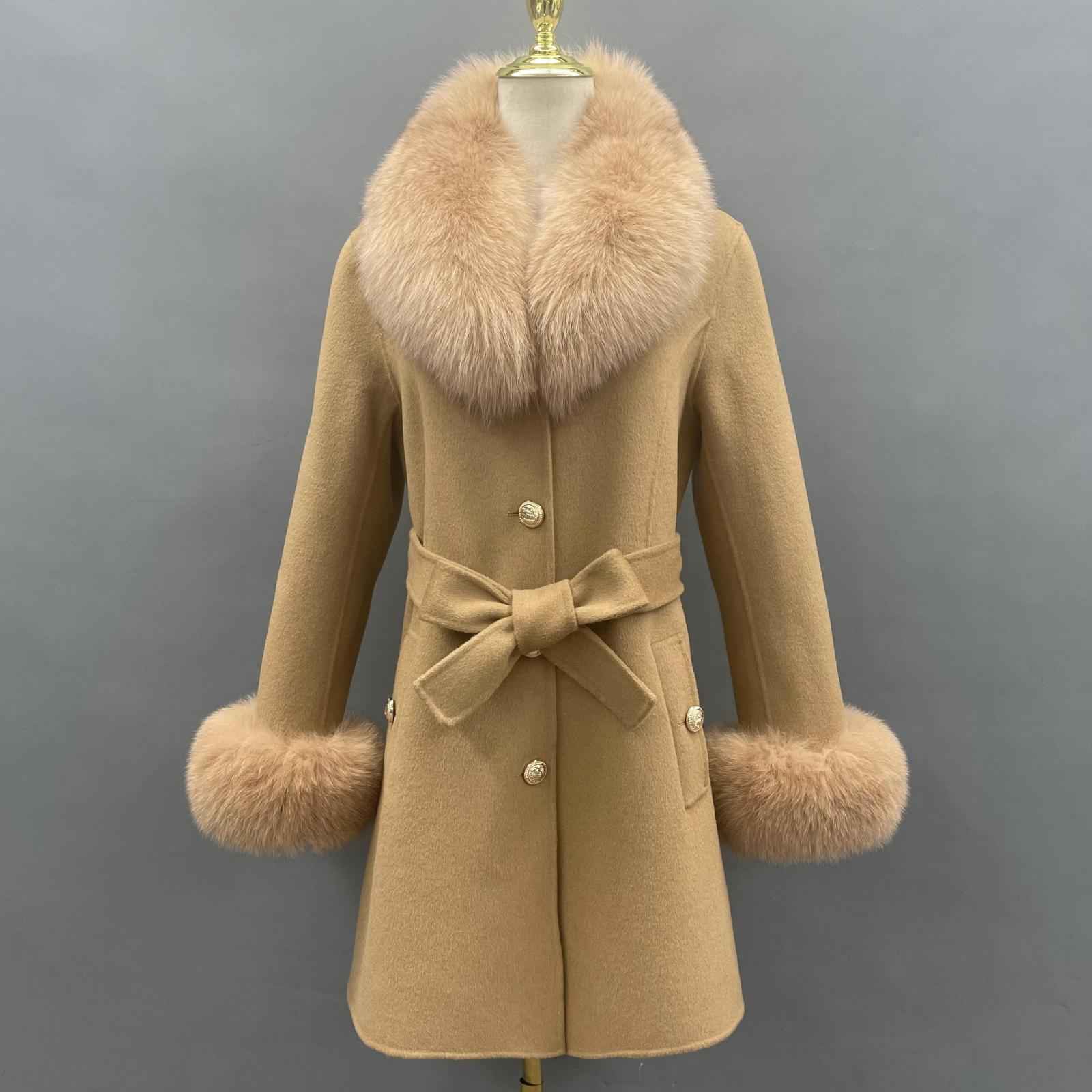 Double-Faced Fleece Coat for Women Elegant Notched Lapel Belted Double-Faced Wool Outer Jacket