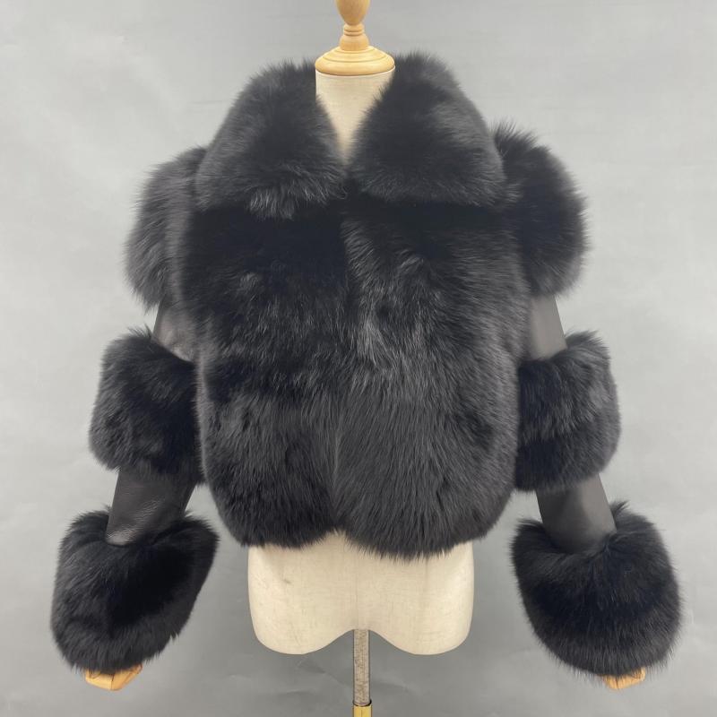 Women's Lapel Luxury Fox Jacket Full Fur Solid Color Short Style Black Click chat with us