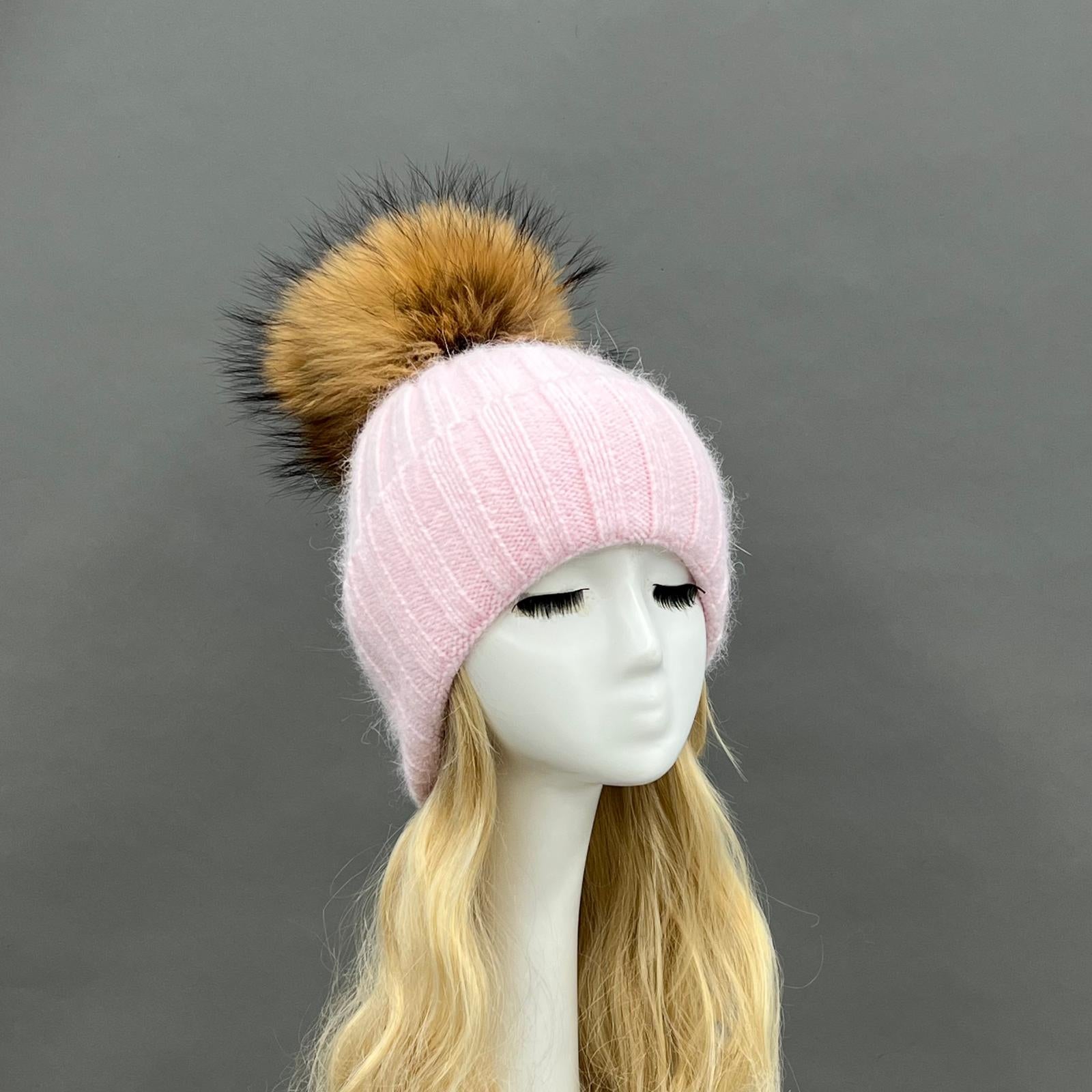 Thick Striped Angora Wool Pom Pom Winter Hat 6