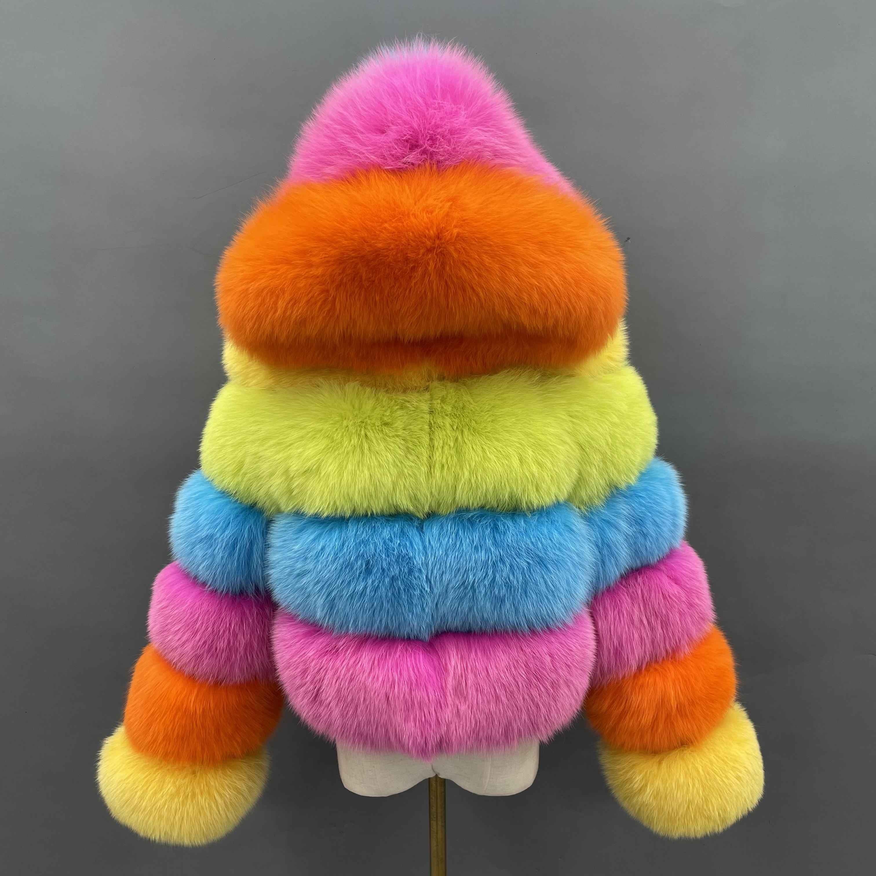Women's Premium Fox Fur Hooded Short Coat - Layered Design Winter Fashion Warm Jacket Rainbow