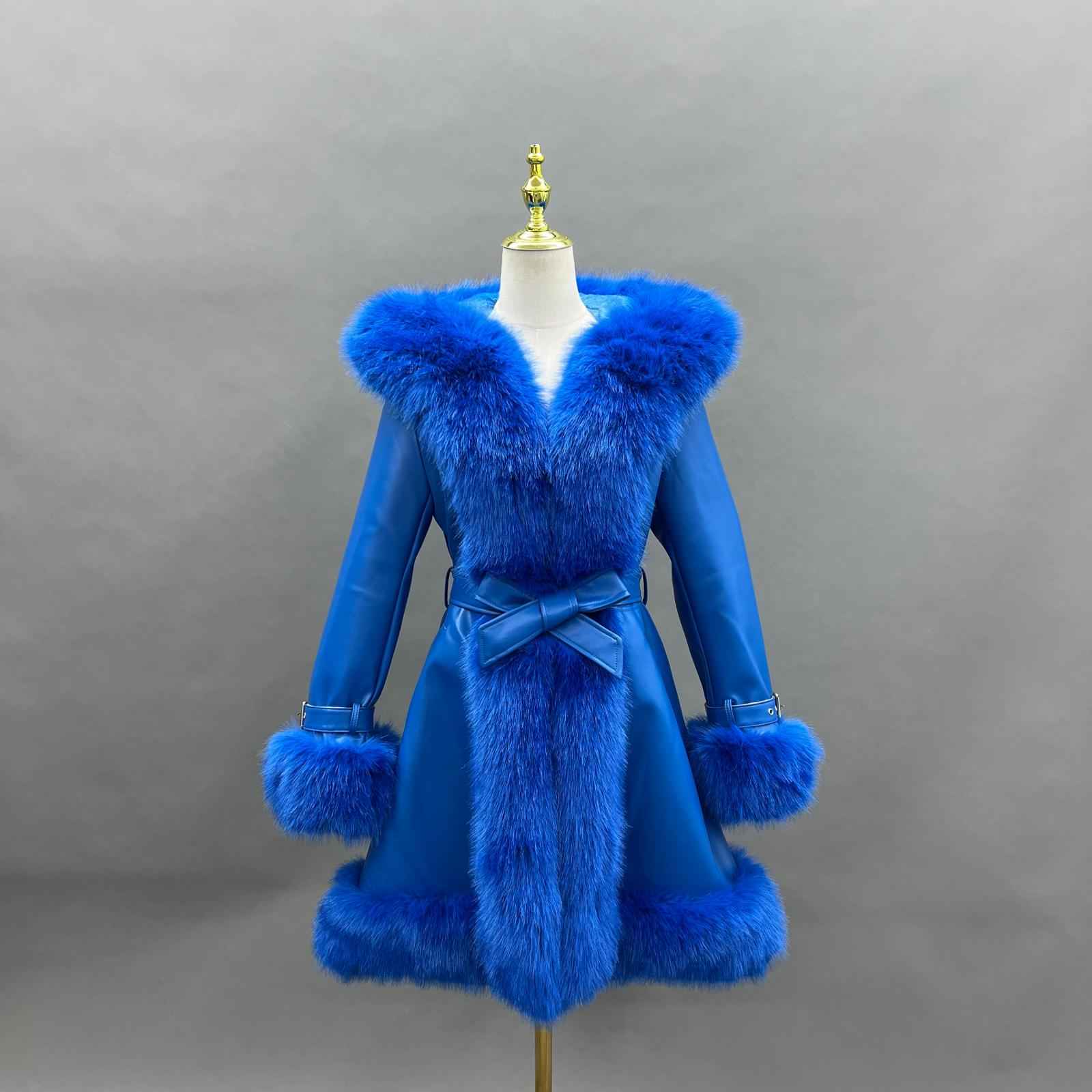 Eco-Friendly Leather and Fur Women's Long Belted Hooded Coat