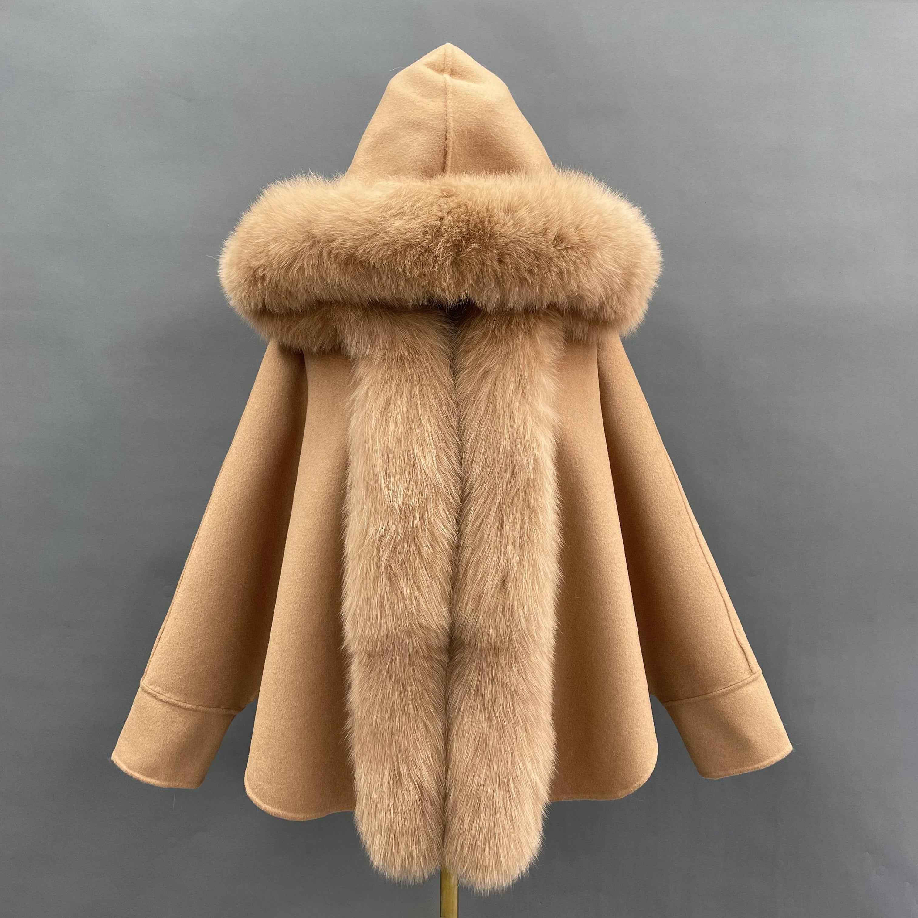 Women's Batwing Sleeve Cape-Style Double-Faced Wool Coat with Fox Fur Trim - Elegant Winter Statement Outerwear Khaki F