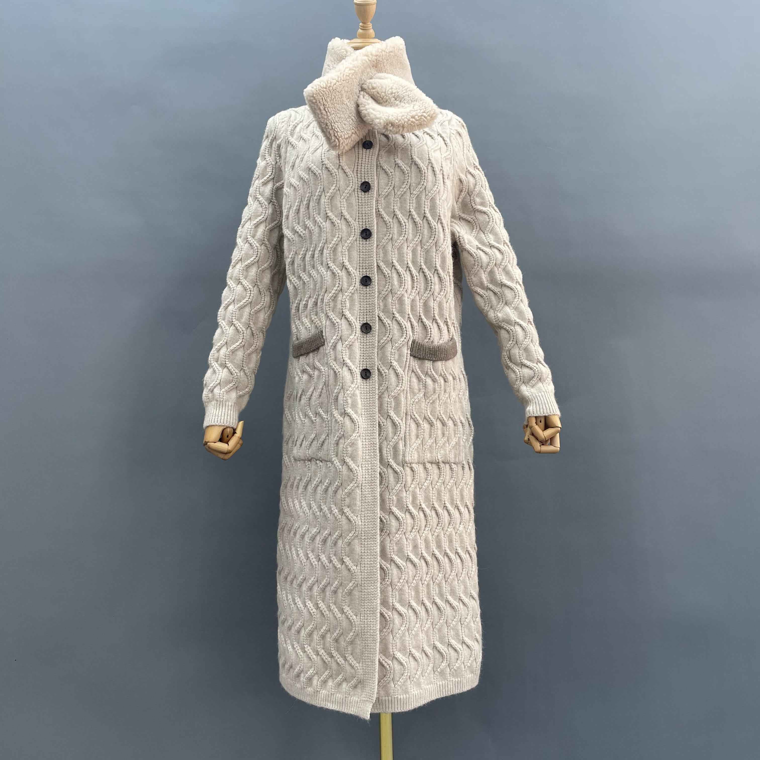 Women's Color-Block Stand Collar Straight-Fit Knitted Coat with Shearling Scarf - Cozy Winter Ensemble White F-chest 100