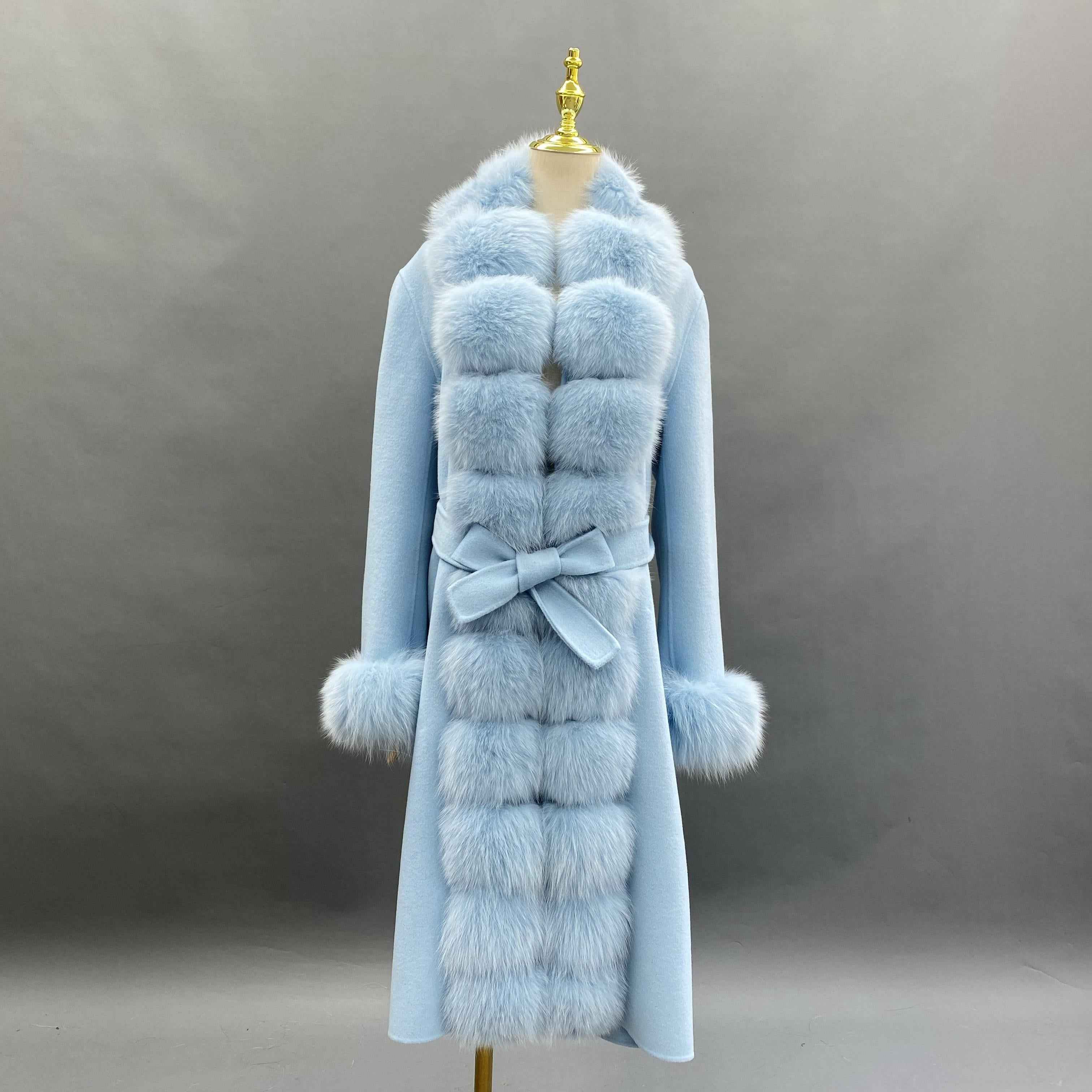 Luxury Cashmere Coat with Tiered Fox Fur Trim and Cuffed Sleeves Light Blue