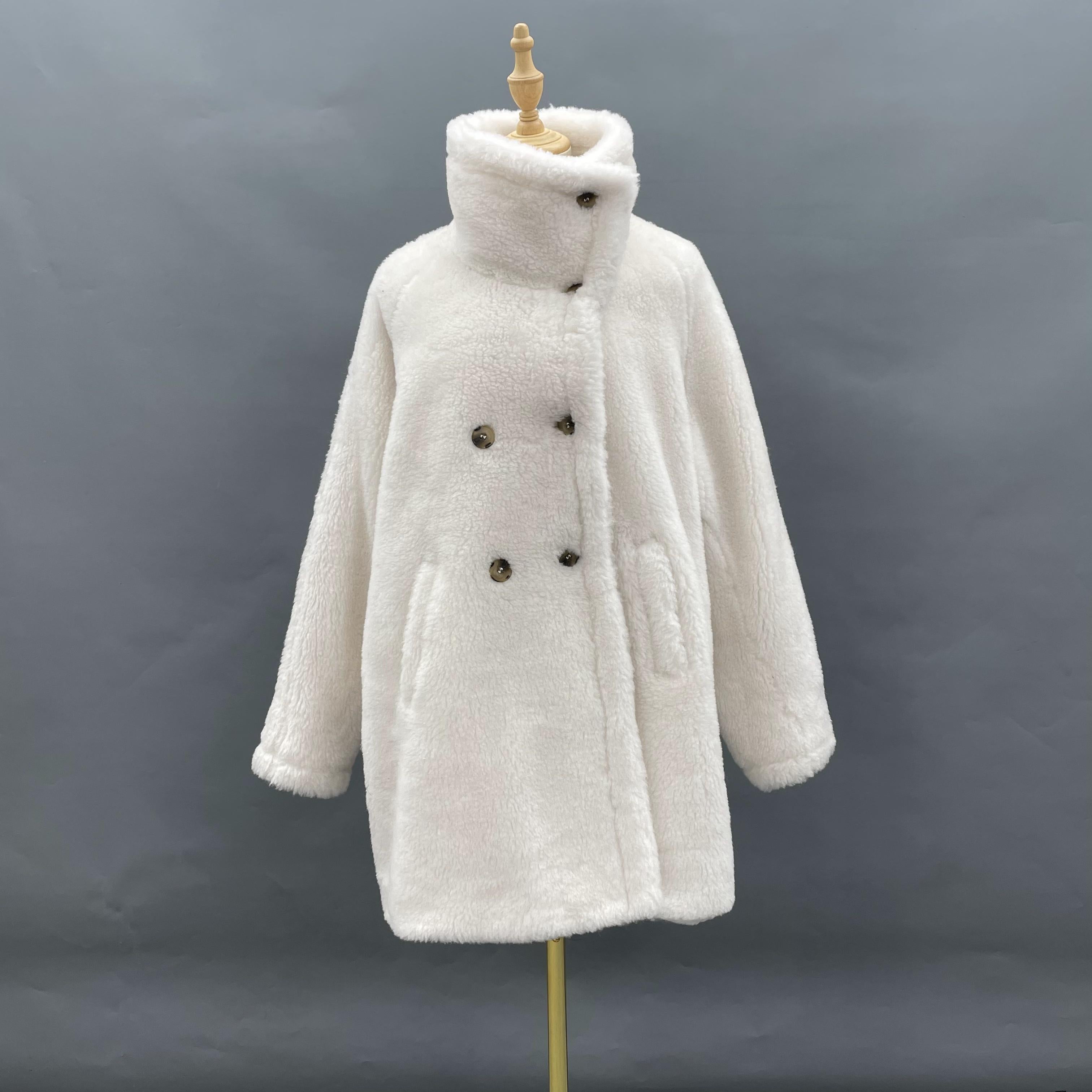 Women's White 100% Wool Shearling Coat with Double-Breasted Notched Lapel - Warm Winter Outerwear