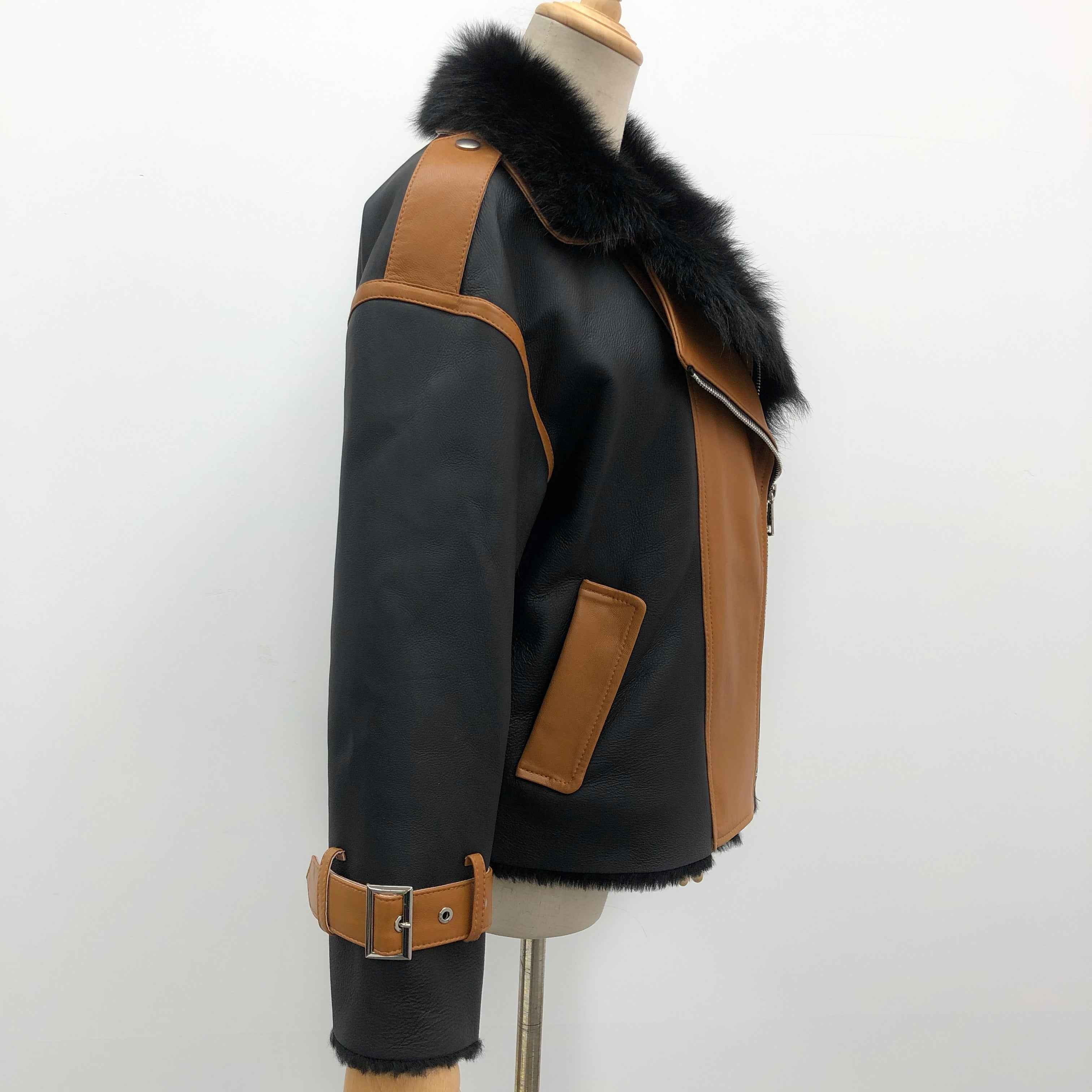 Women's Color-Block Toscana Shearling Asymmetric Biker Jacket with Fur Collar & Buckle Cuffs - Luxe Winter Outerwear