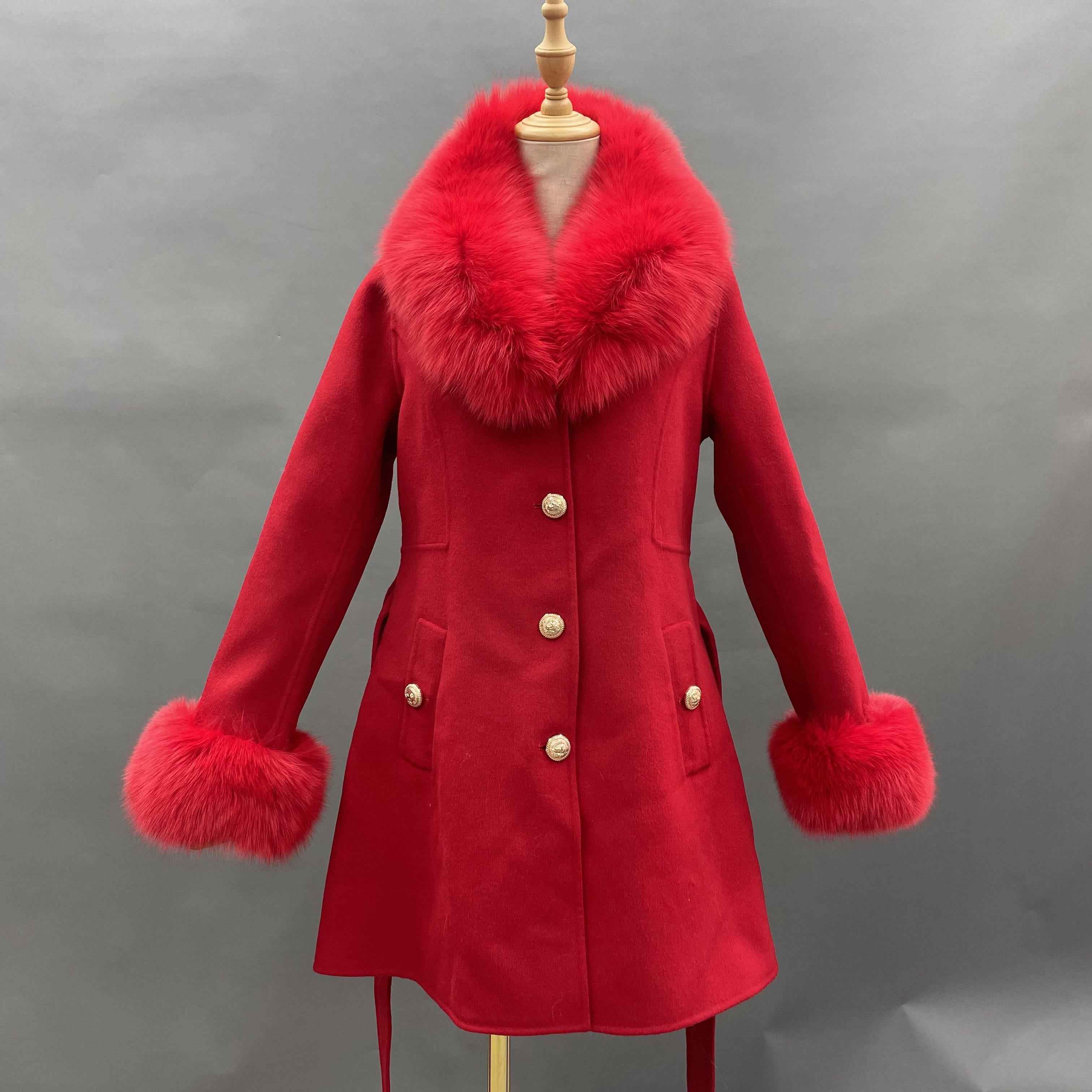 Women's Red Wool Belted Coat with Fox Fur Collar and Cuffs Trim, Elegant Long Winter Jacket for Casual Outfits Red