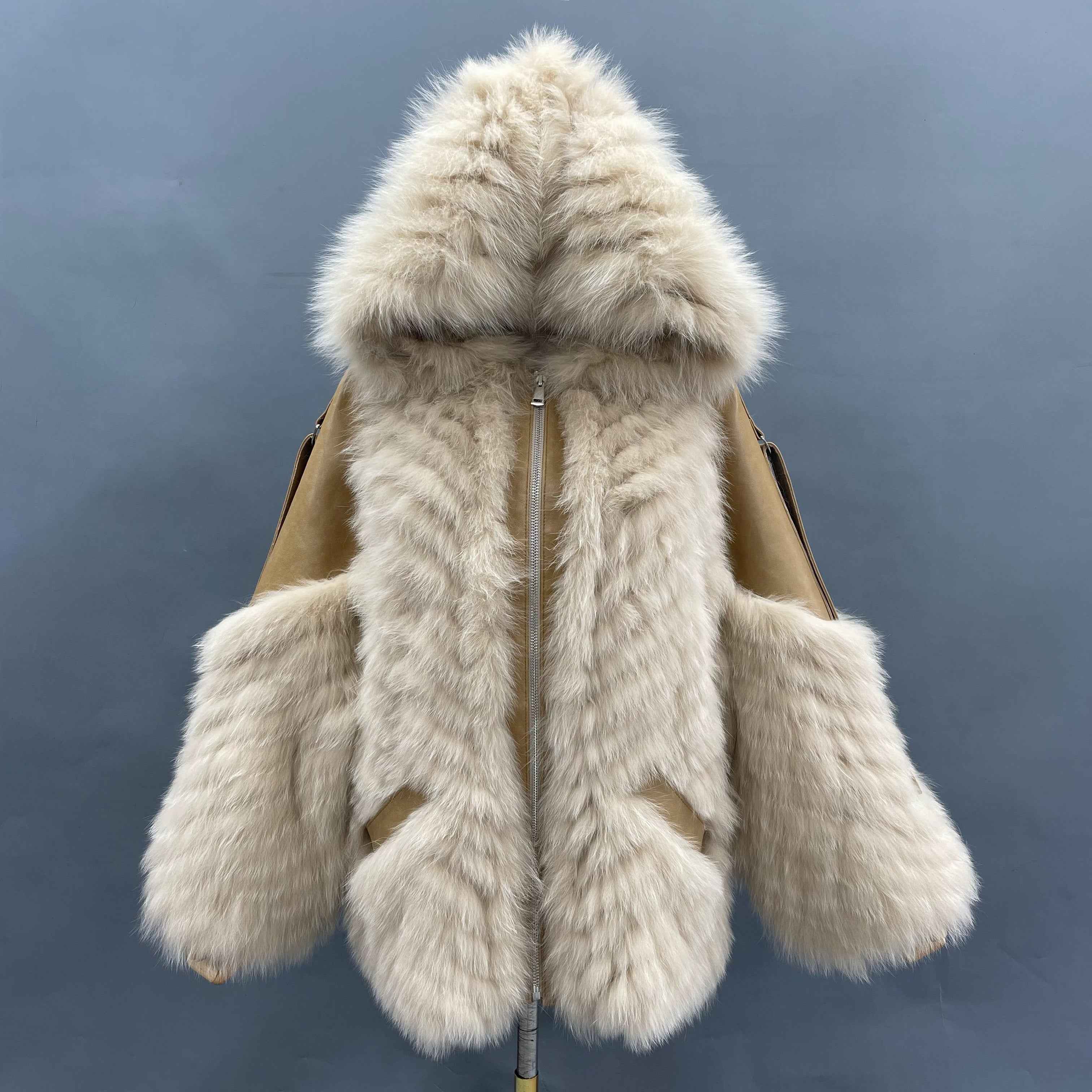 Women's Luxury Fox Fur Hooded Jacket - Leather Patchwork & Zipper Closure Relaxed Fit Winter Fashion Outerwear
