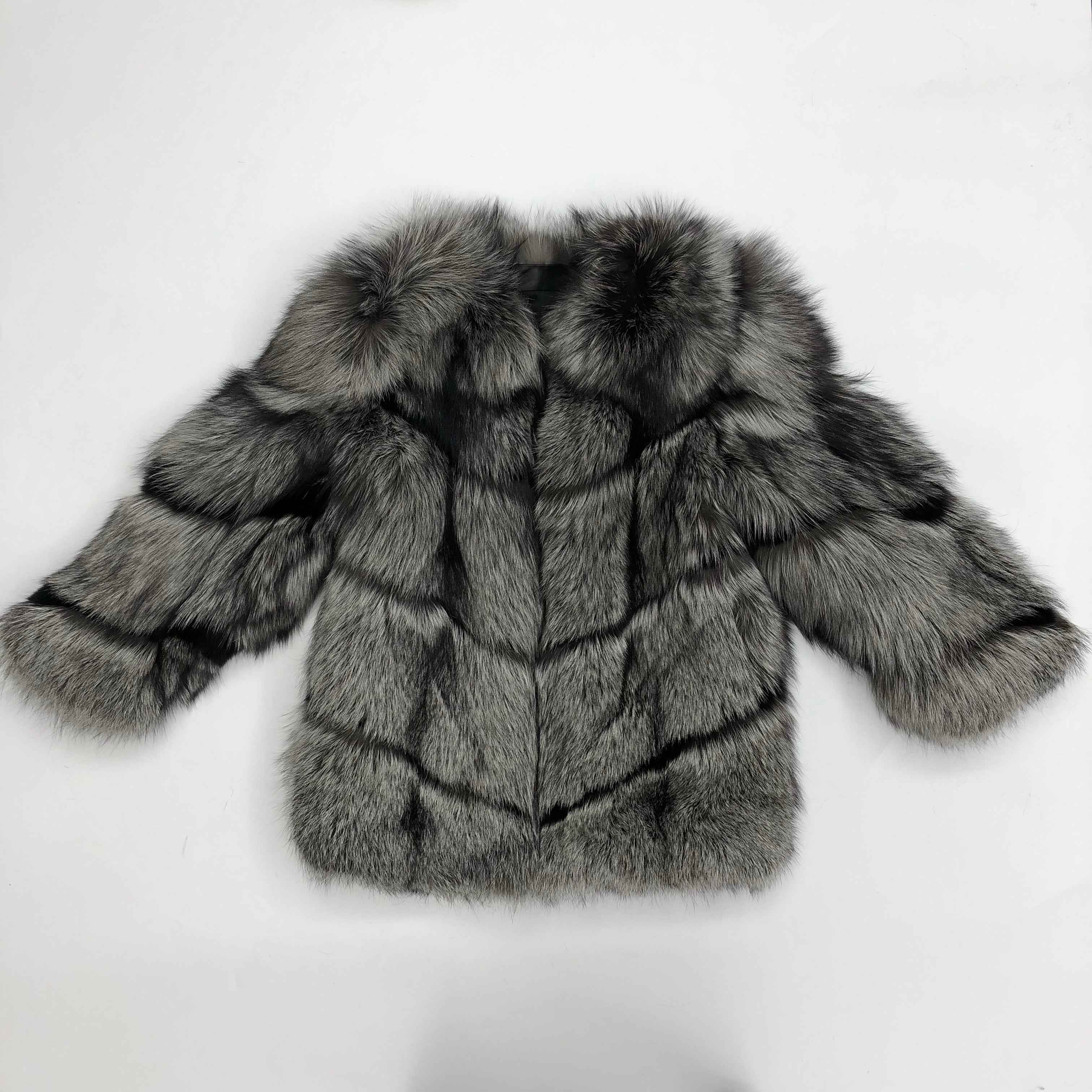 Luxury Silver Fox Fur Coat - Diagonal Stripe Four - Section Design Winter Outerwear