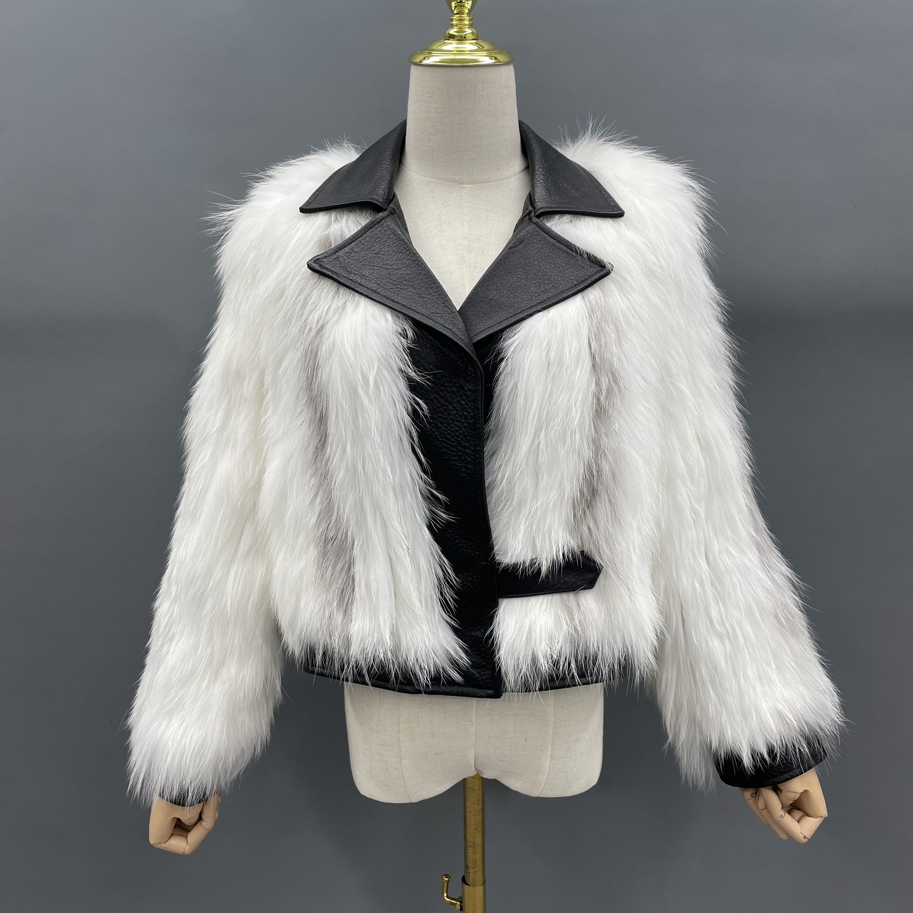 Women's Luxurious Raccoon Dog Fur Knitted Jacket with Leather Notched Lapel - Edgy Winter Outerwear