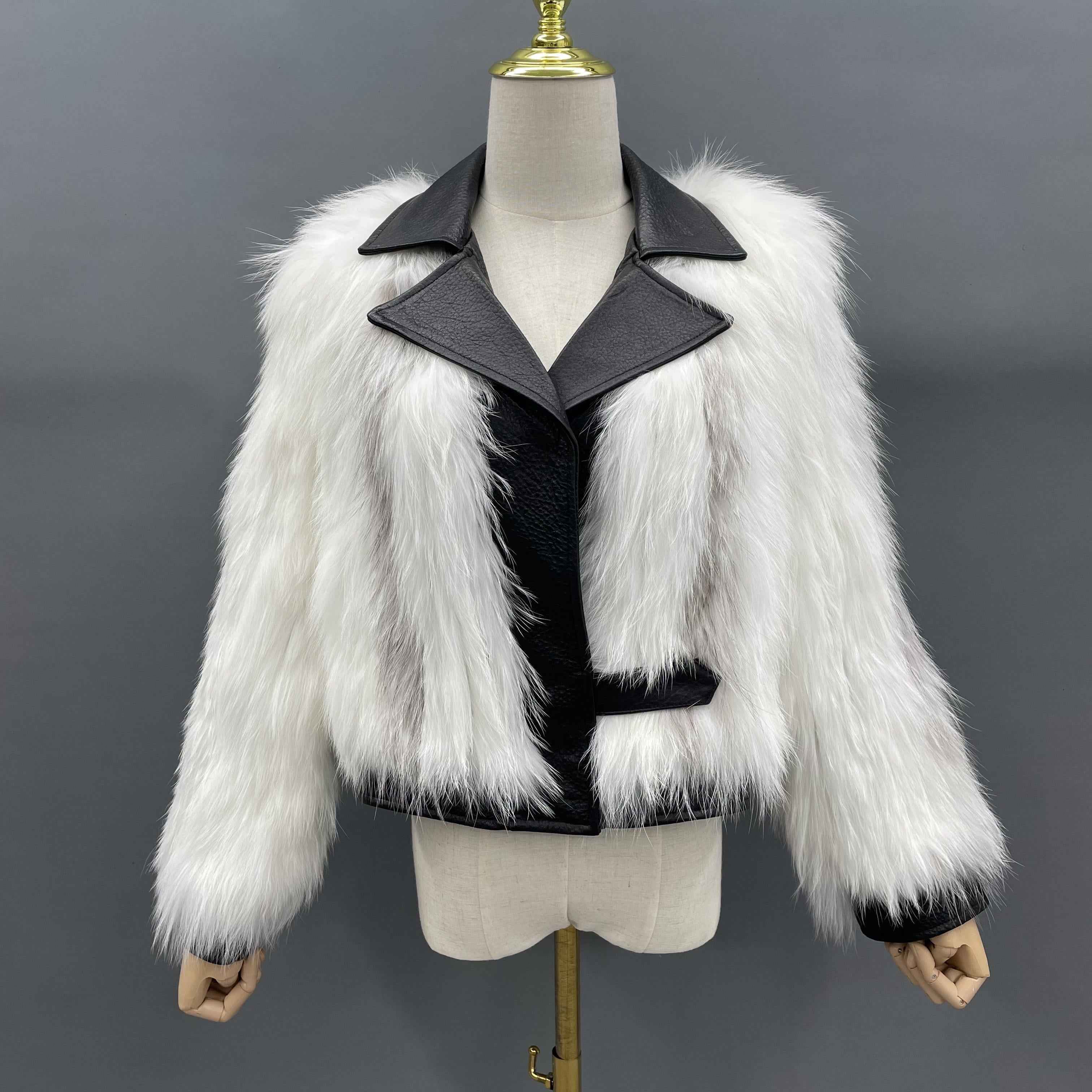 Women's Luxurious Raccoon Dog Fur Knitted Jacket with Leather Notched Lapel - Edgy Winter Outerwear
