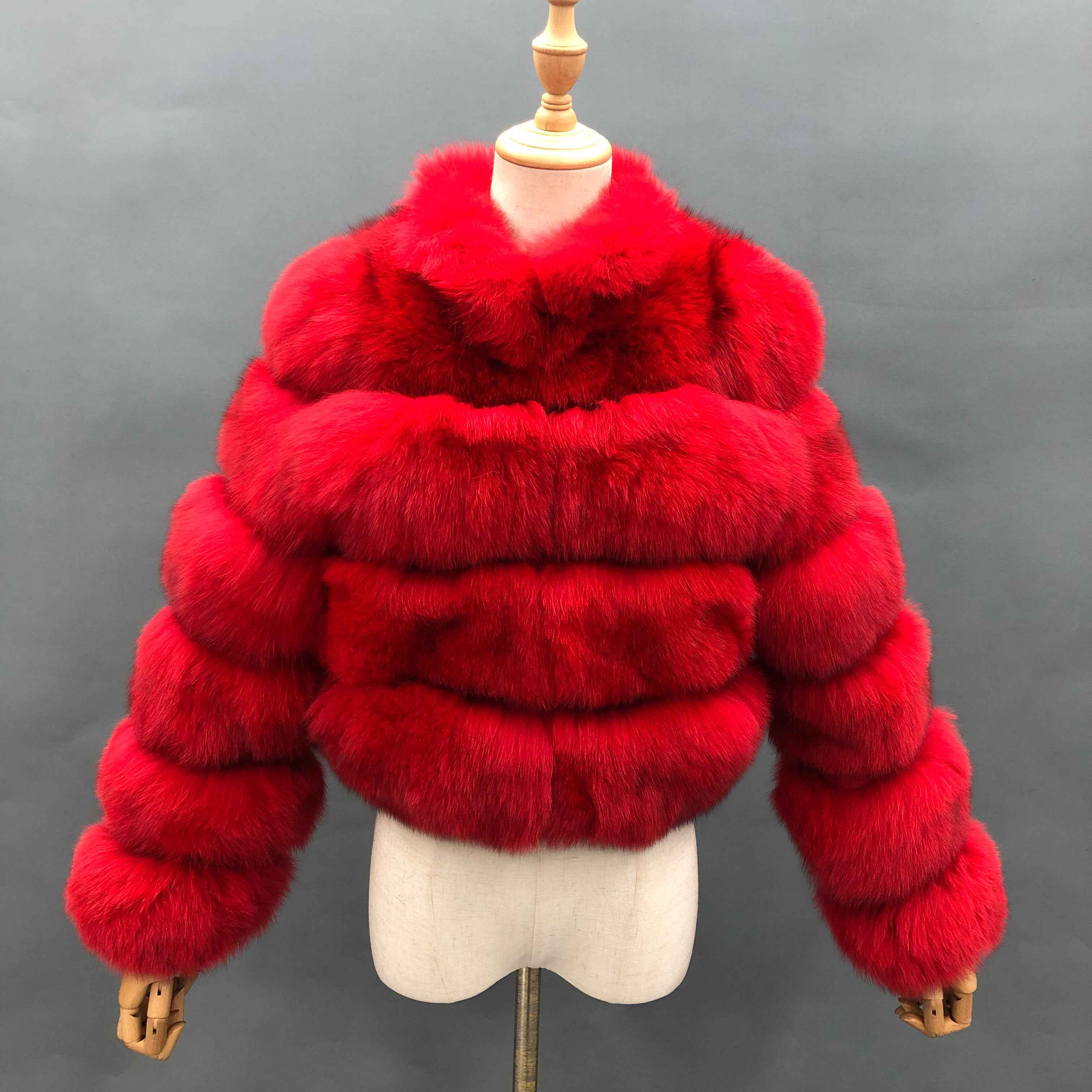 Women's Luxury Cropped Fox Fur Jacket - Layered Stand Collar Winter Fashion Statement Outerwear Red