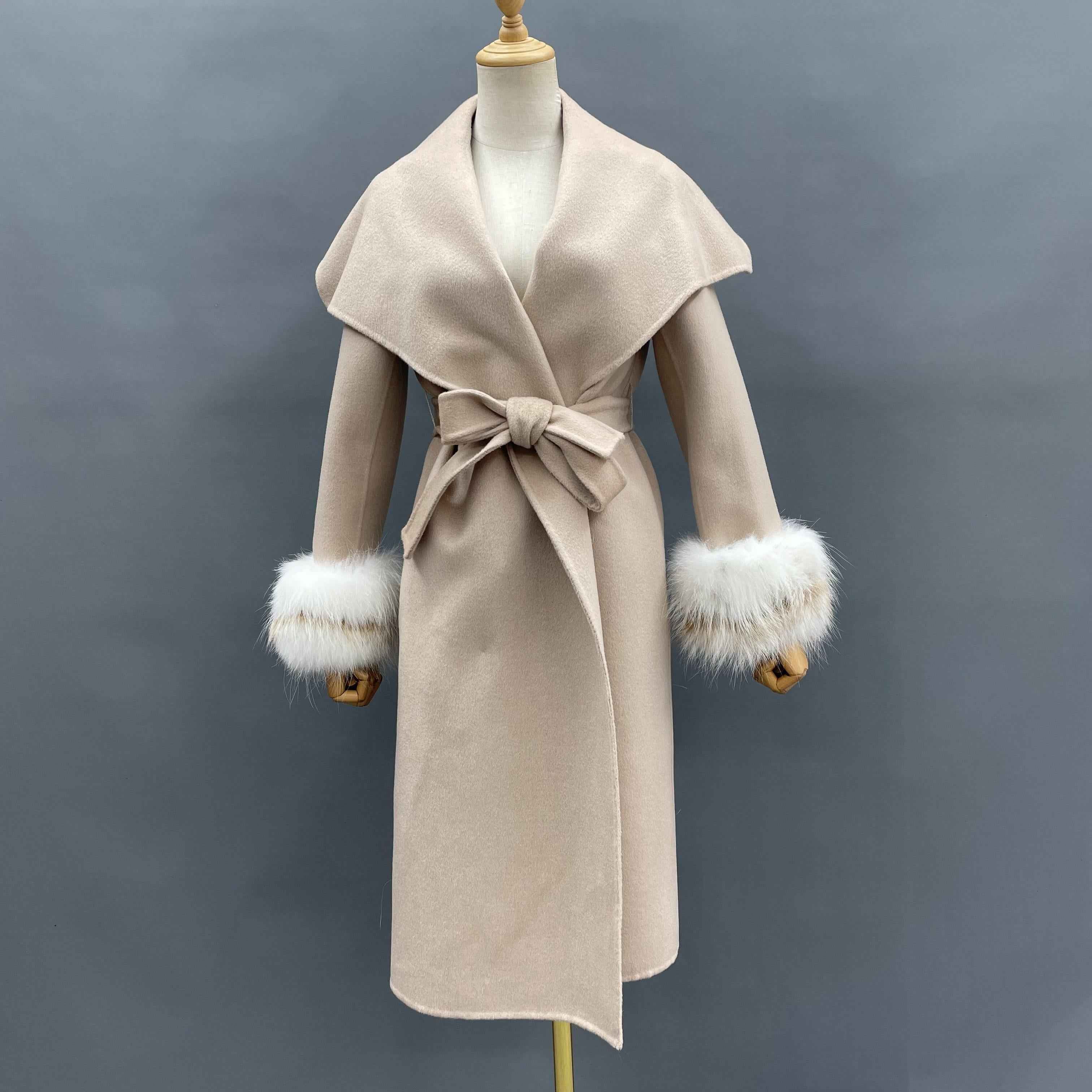 Women's Oversized Shawl Collar Double-Faced Wool Coat with Fox Fur Cuffs & Self-Tie Belt - Knee-Length Luxury Winter Outerwear Beige