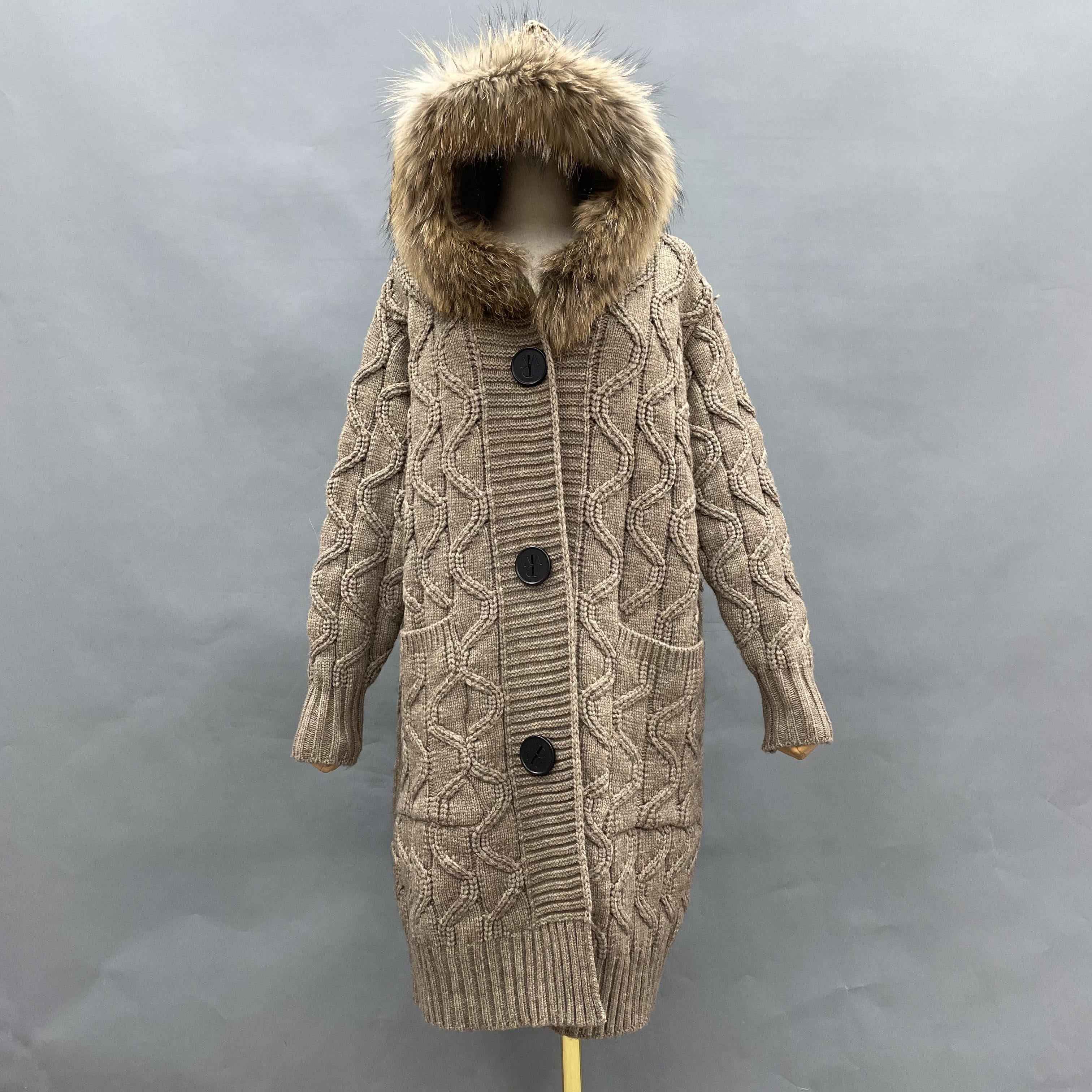 Women's Hooded Knitted Coat with Oversized Buttons, Raccoon Fur-Trimmed Hood & Wave-Knit Pattern - Luxe Winter Outerwear Camle F-CHEST 128