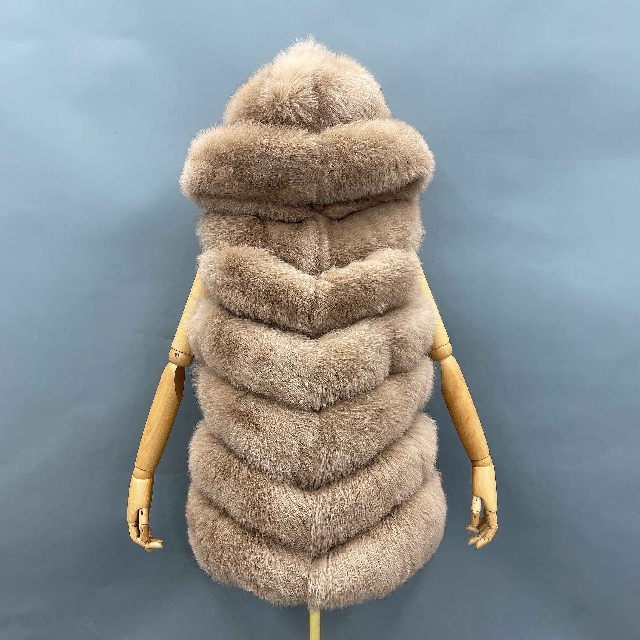 Women's 6-Panel Hooded Fox Fur Vest - Classic Versatile Winter Essential Outerwear Camle