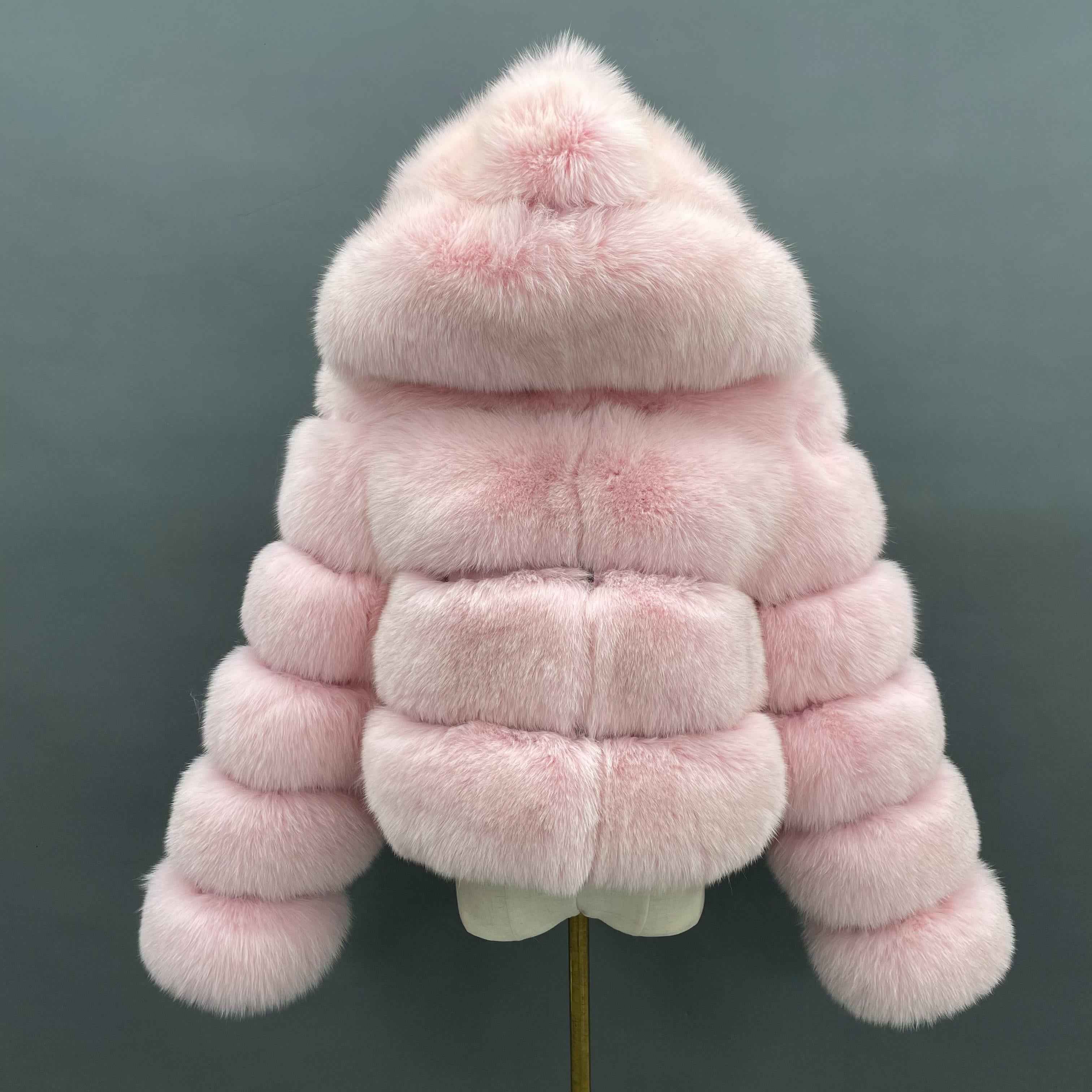Women's Premium Fox Fur Hooded Short Coat - Layered Design Winter Fashion Warm Jacket Light Pink