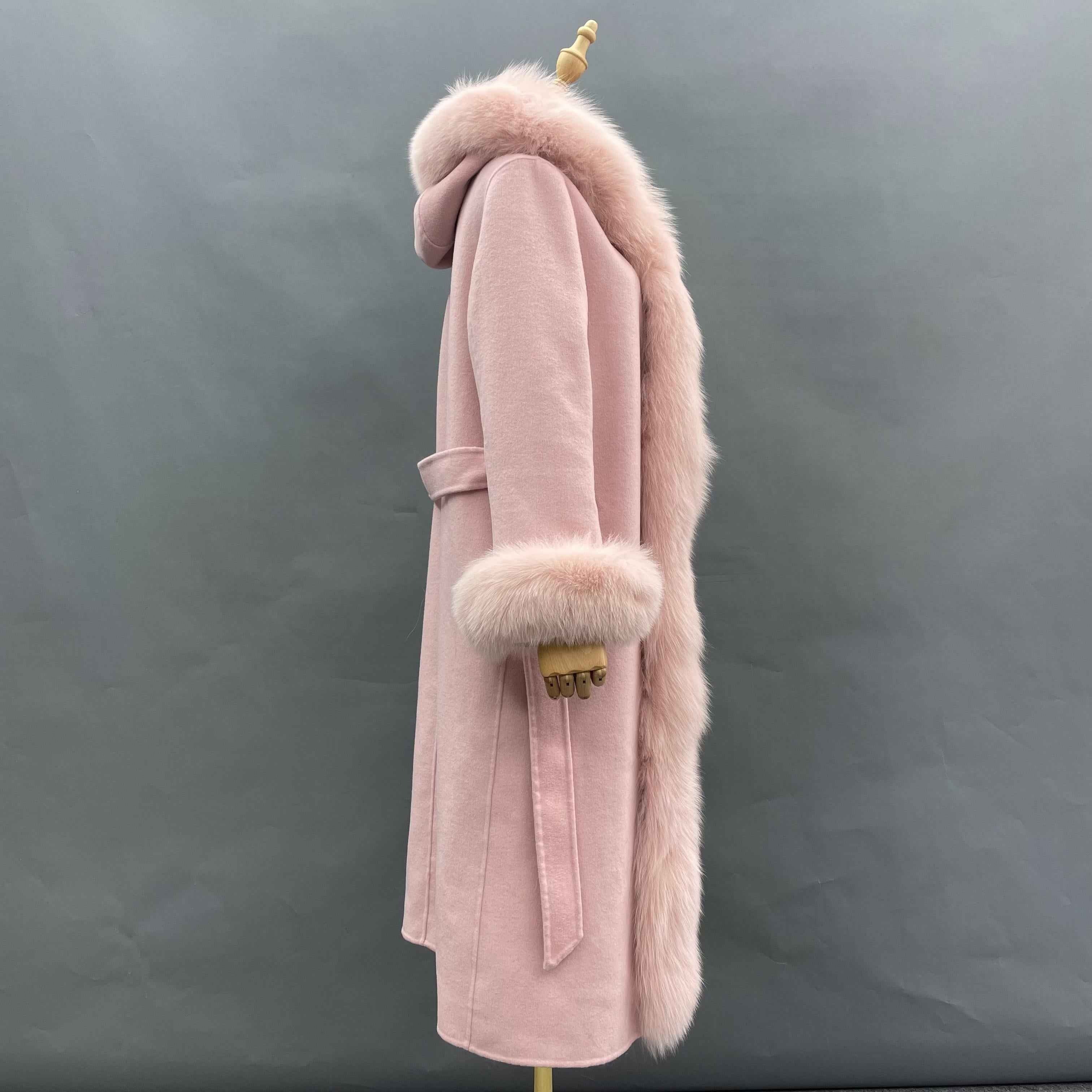 Women's Luxury Double - Faced Wool Coat with Fox Fur Trim & Fox Fur Cuffs, Belted Elegant Winter Outerwear