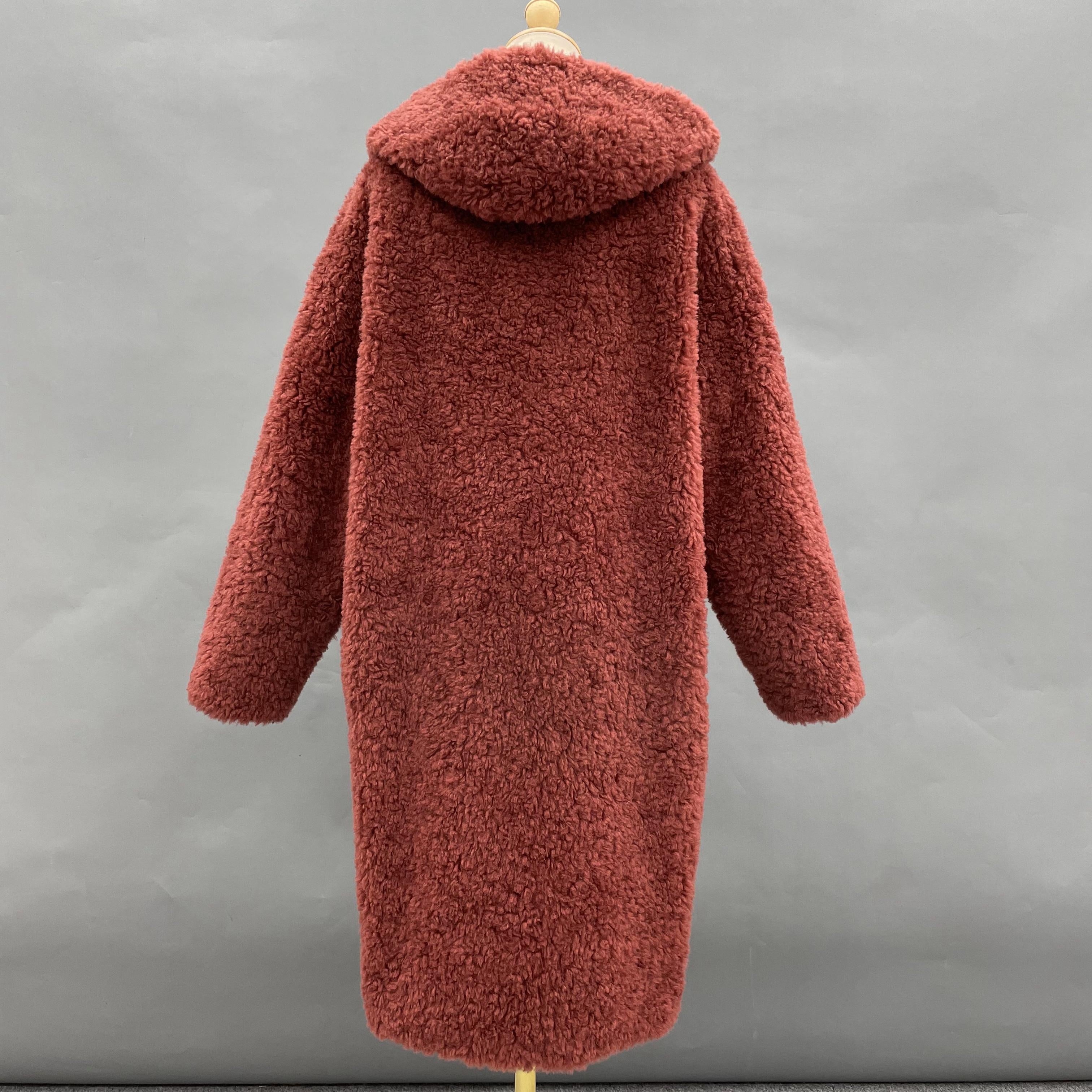 Women's Red Hooded Long Sheepskin Shearling Coat - Casual Winter Outerwear